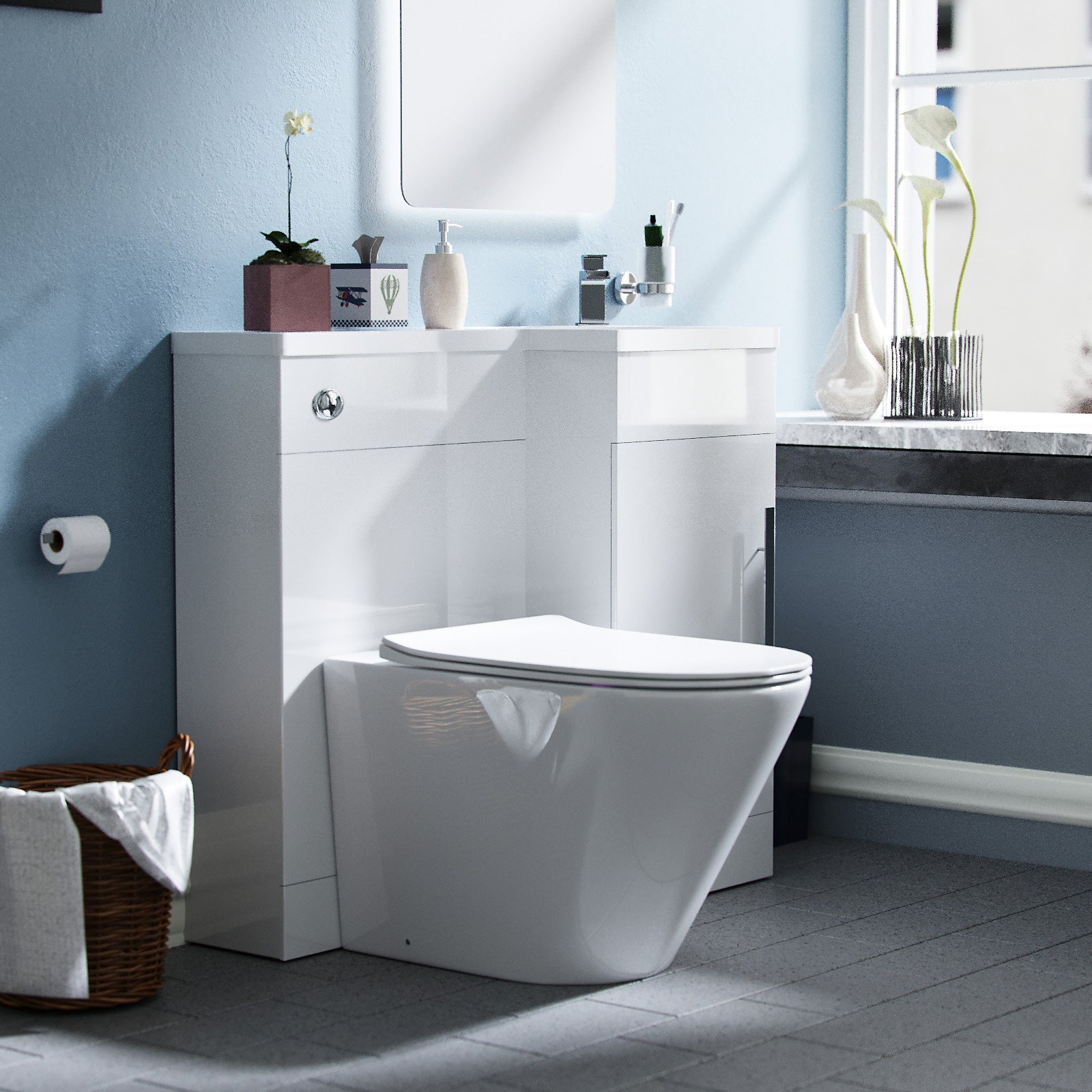 Alaska 900mm Flat Pack Vanity Basin Unit, WC Unit & Ellis UF Back To Wall Toilet White