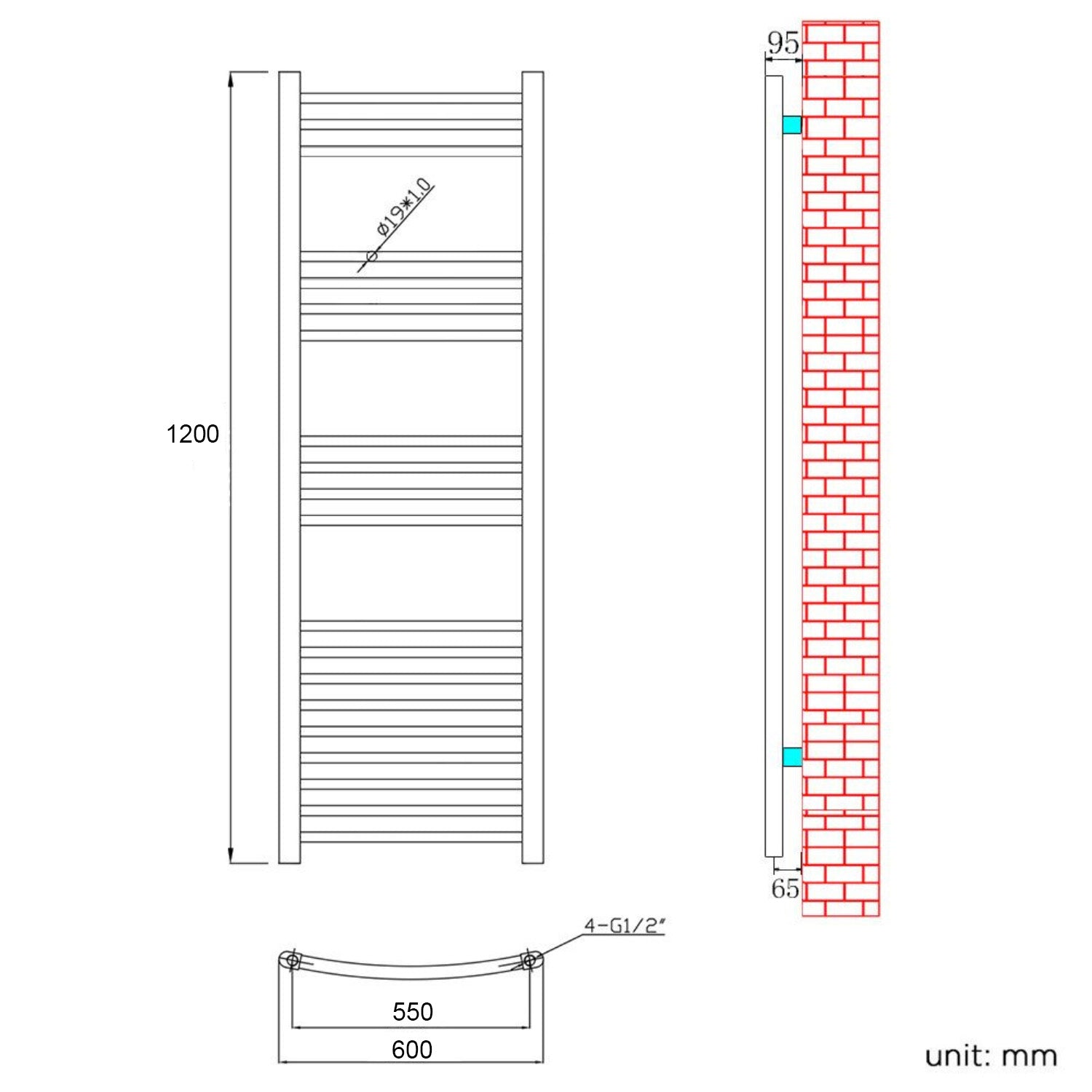 Honeywell 1200 X 600 mm Horizontal Curved Chrome Towel Rail Radiator