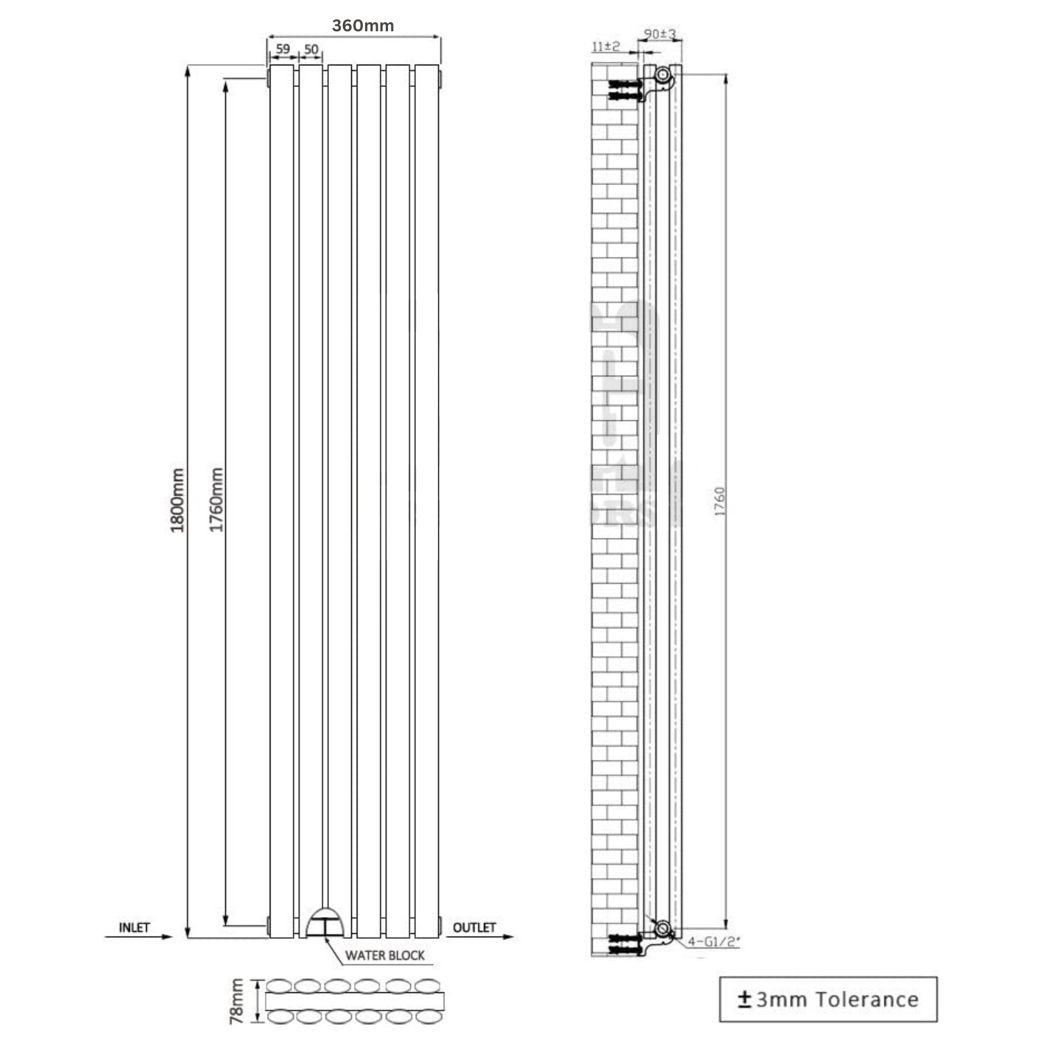 Honeywell 1800 X 360mm Vertical Double Oval Tube White Designer Radiator
