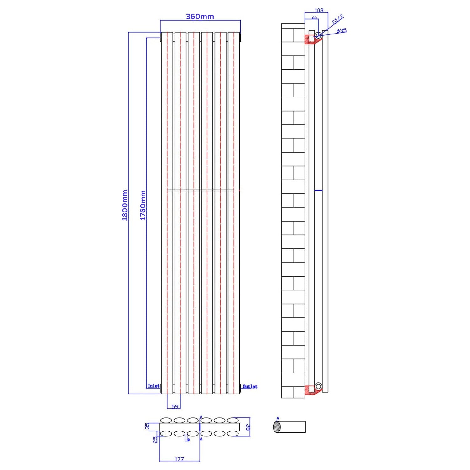 Honeywell 1800 X 360mm Vertical Double Oval Tube Matte Black Designer Radiator