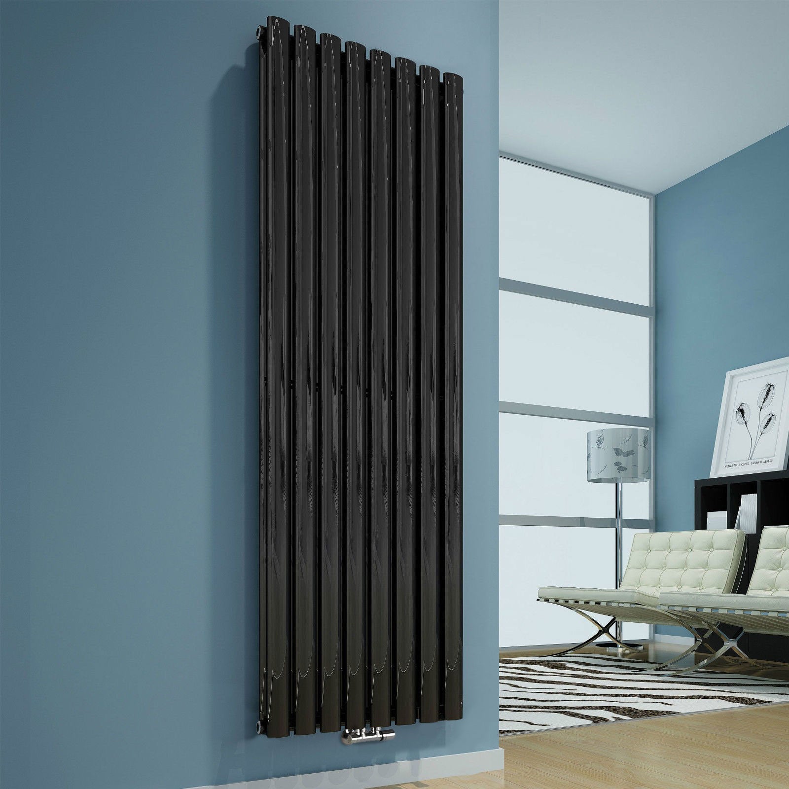Vertical Central Connection Radiator Black Double Oval Tube 1800 x 480 mm