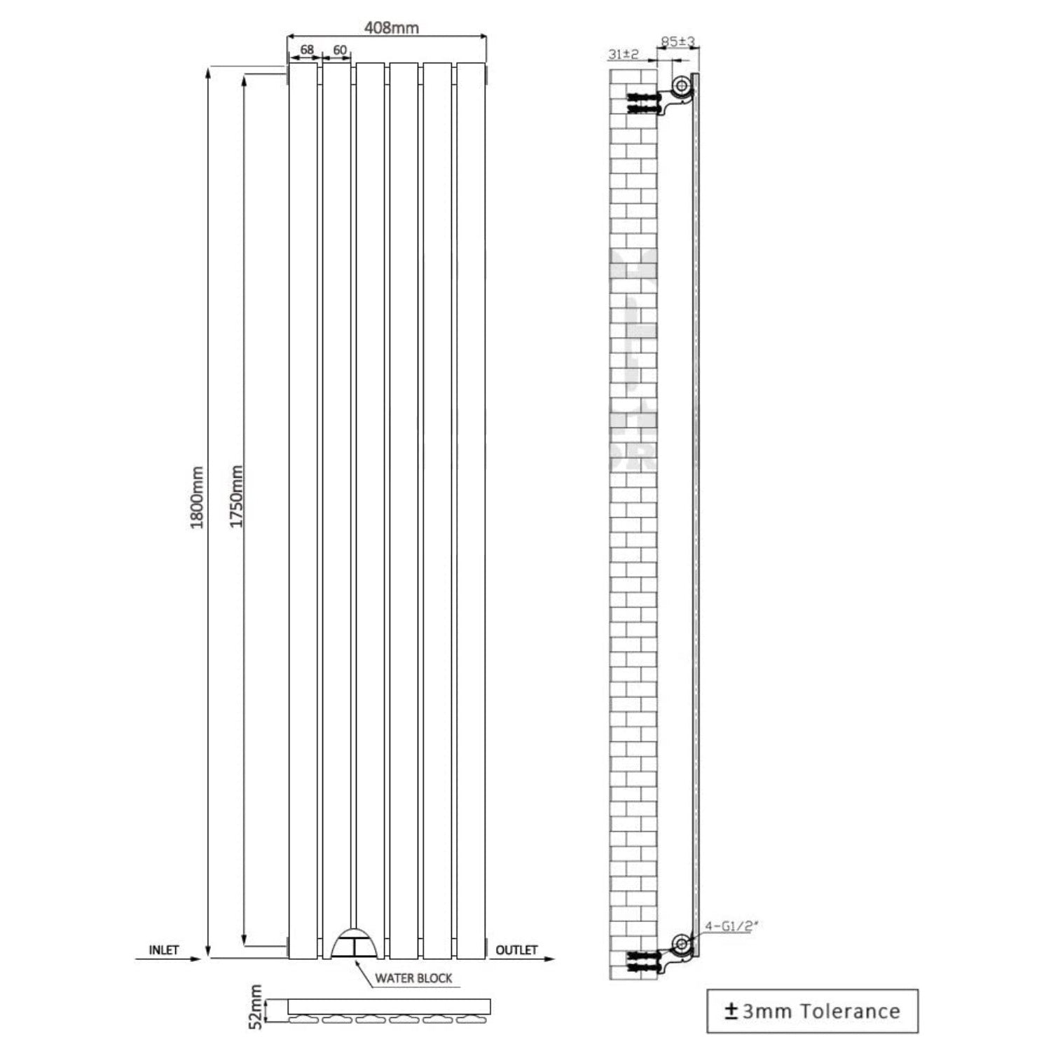 Designer Radiator 1800 X 410 mm Vertical Single Oval Tube Black