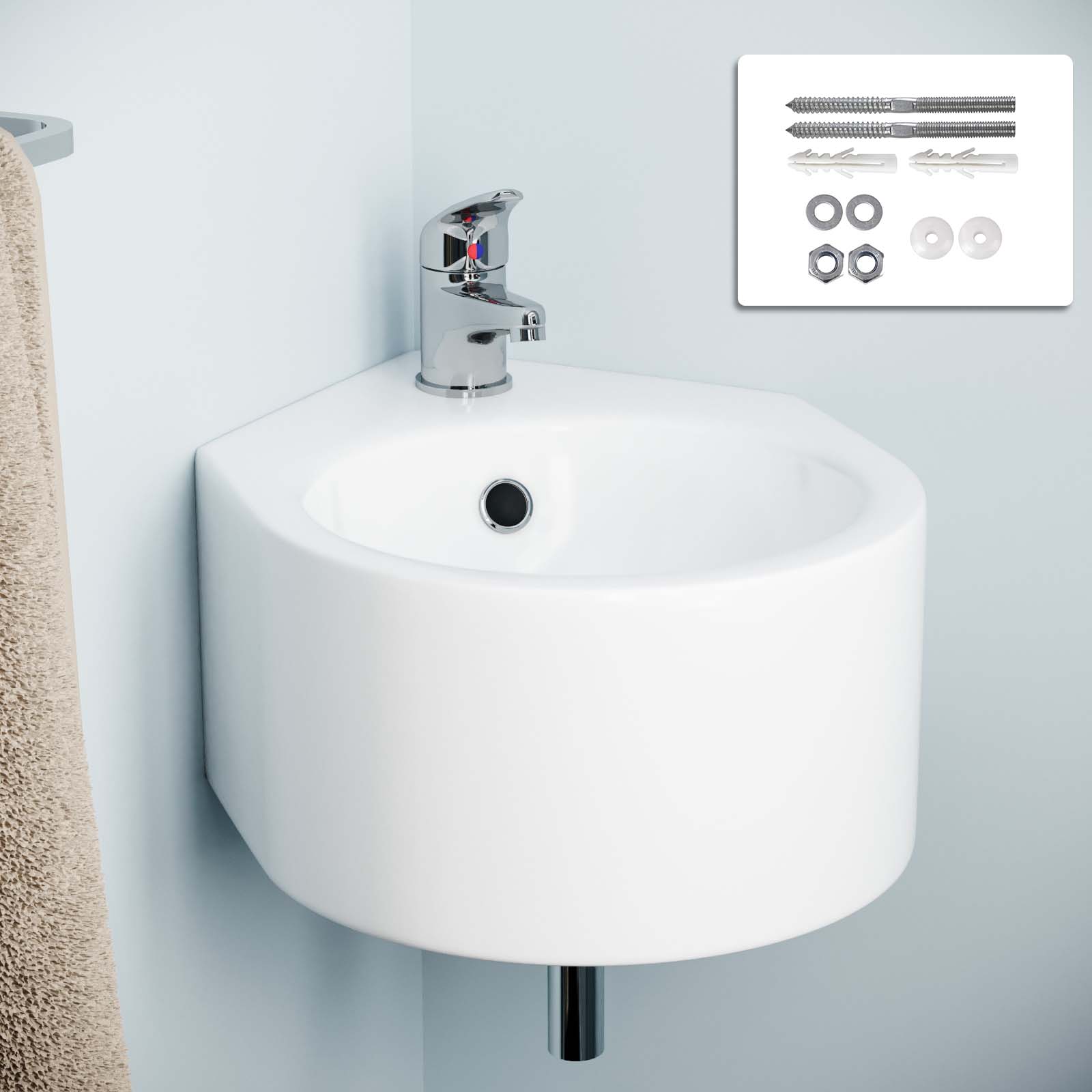 300 X 435mm Bathroom Wall Hung Cloakroom Ceramic Compact Corner Basin Sink And Fittings