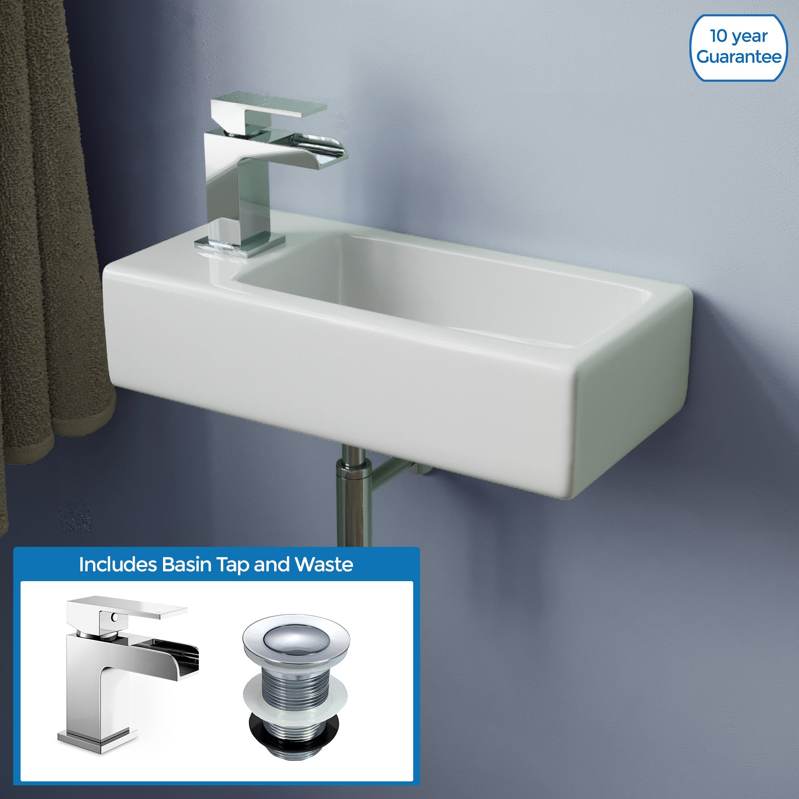 Alvey Wall Hung Left Handed Cloakroom 360mm Basin Sink & Waterfall Mono Tap & Waste