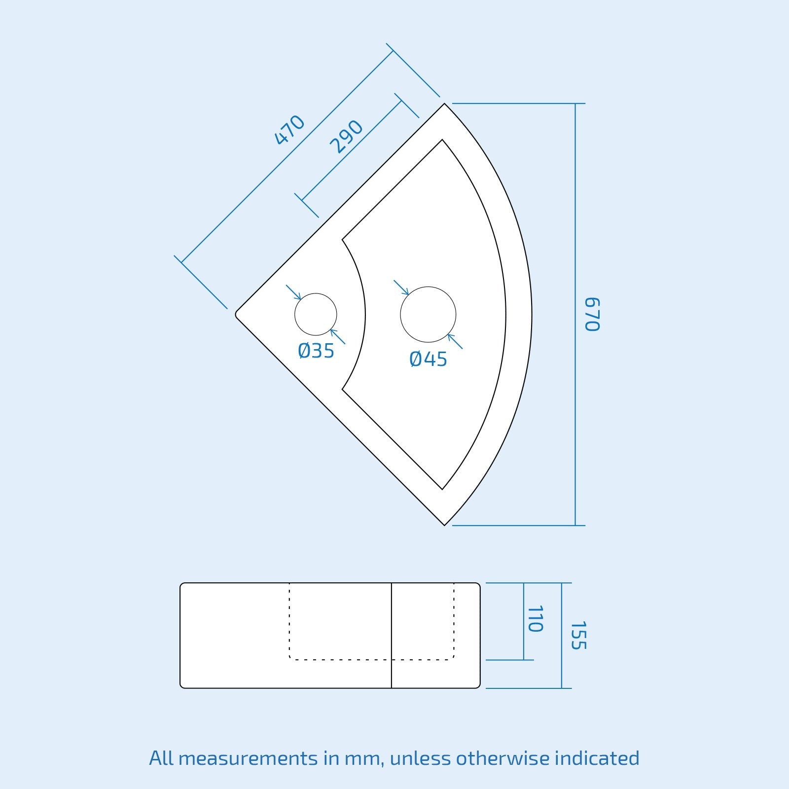 Tulla Ceramic 670 x 470mm Cloakroom Quarter Circle Corner Basin