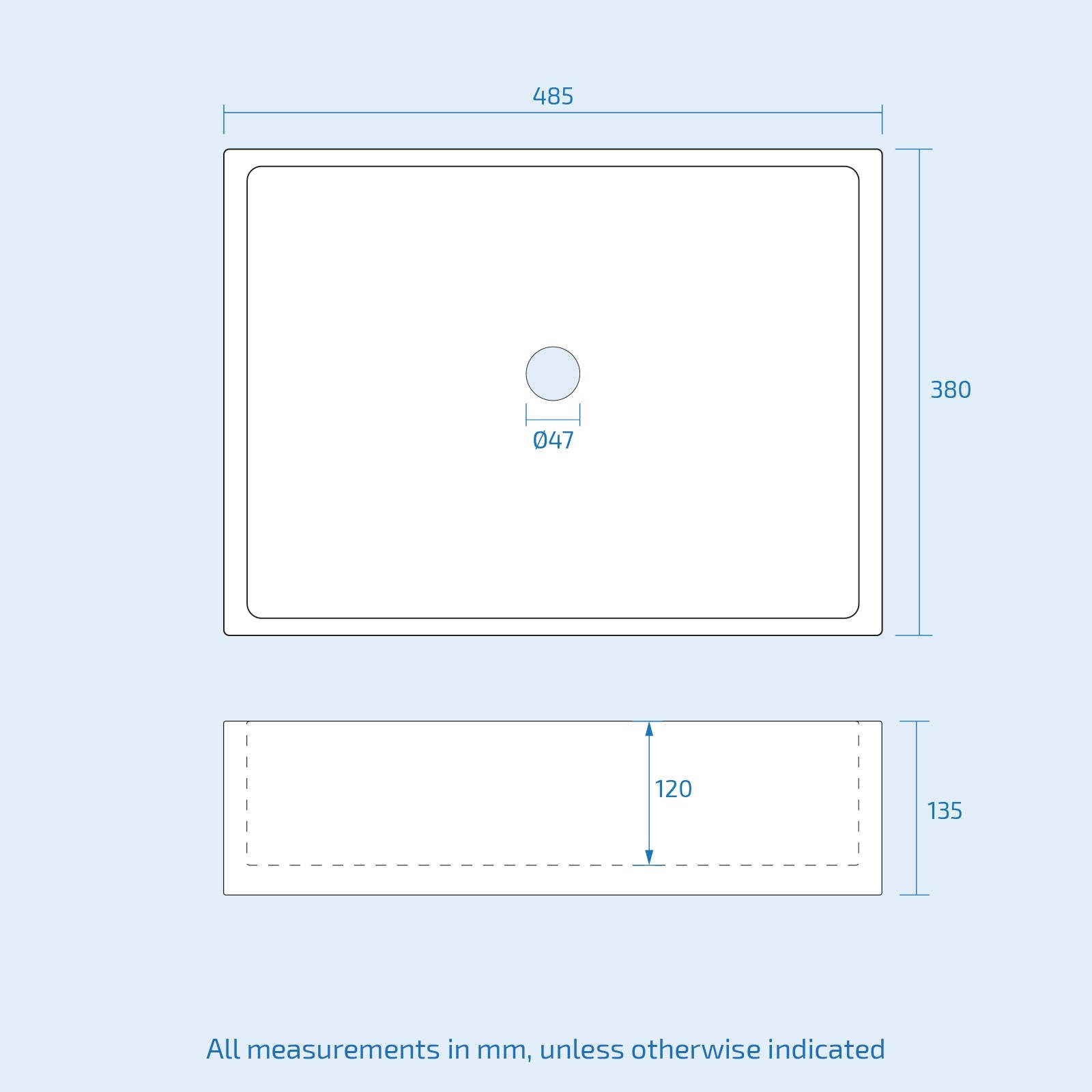 Technical drawing of a rectangular object with dimensions on a light blue background