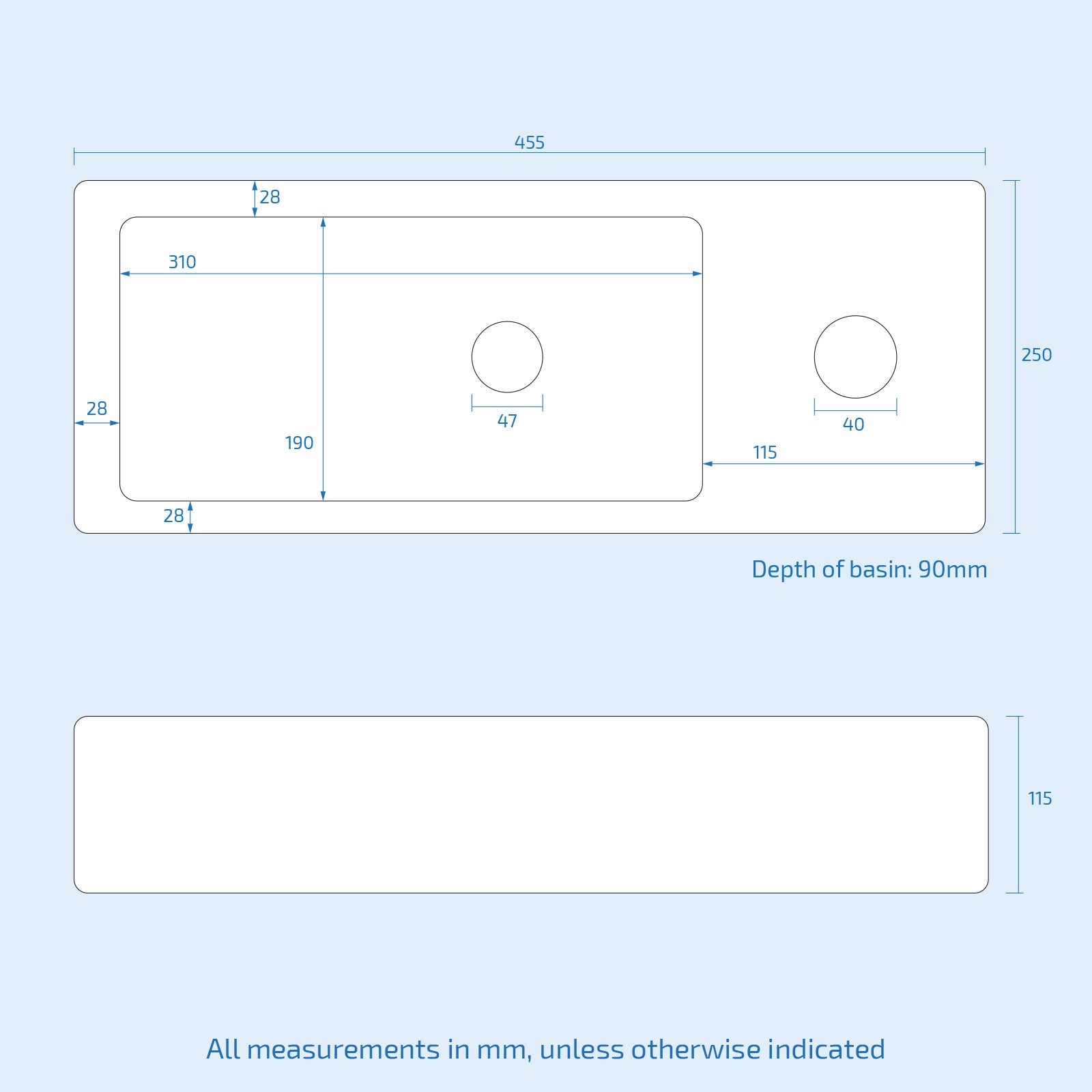 Tulla 455 x 250mm Large Rectangle Wall Hung Cloakroom Basin Sink