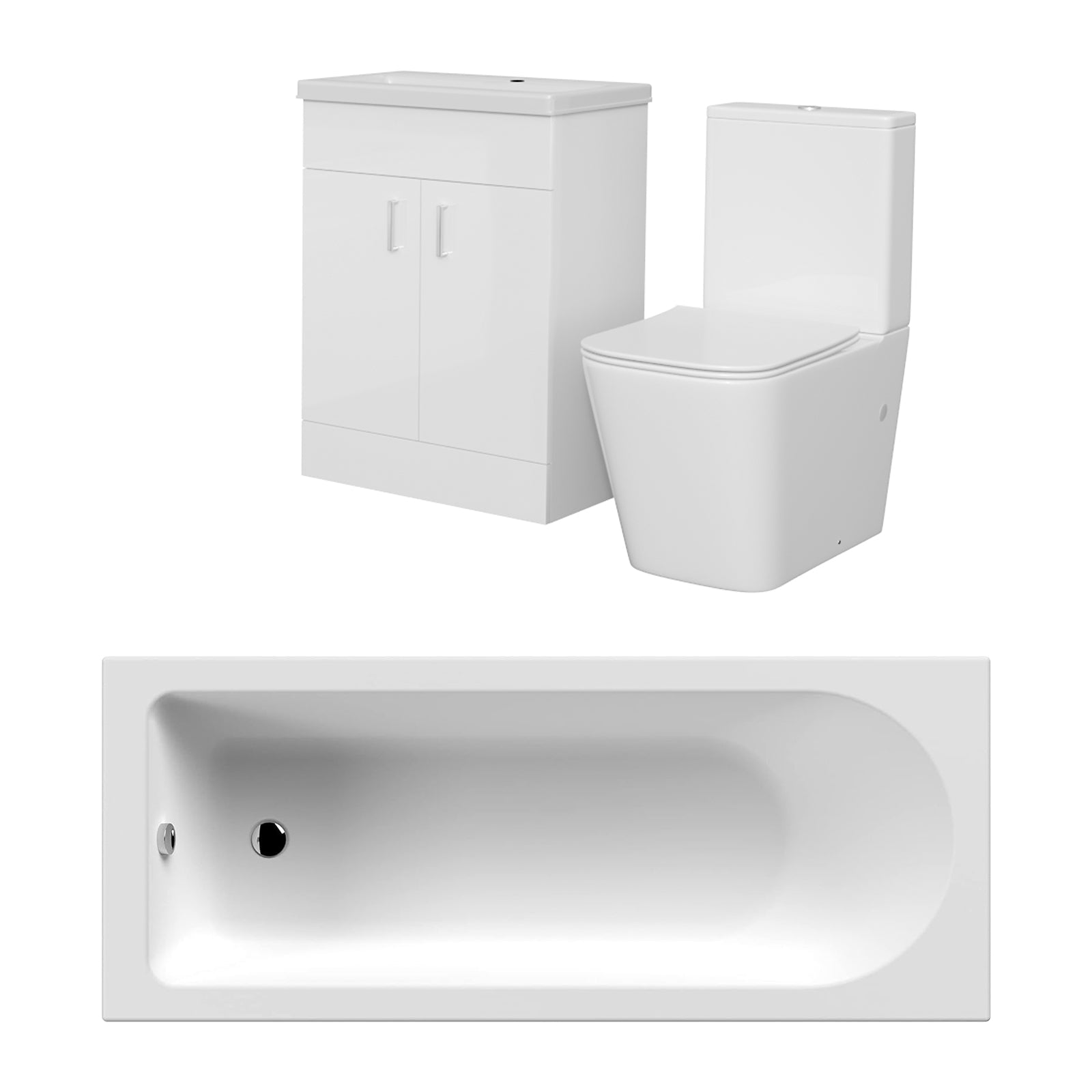 Nanuya 3-Piece Suite 1700 Bathtub, Flat Pack 600 White Basin Vanity & Close Coupled Toilet