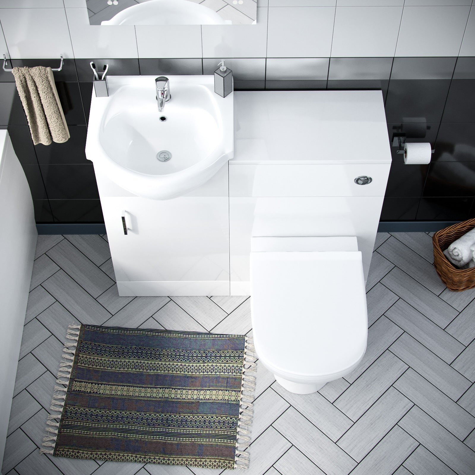 Ellen 1700mm Bath, 450mm Vanity Basin Unit Flat-Pack, WC Unit & Elso Back To Wall Toilet White