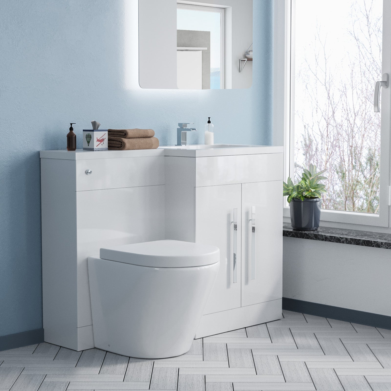 Aric 1100mm RH Vanity Basin Unit, WC Unit & Eddy Rimless Back To Wall Toilet White Flat Pack
