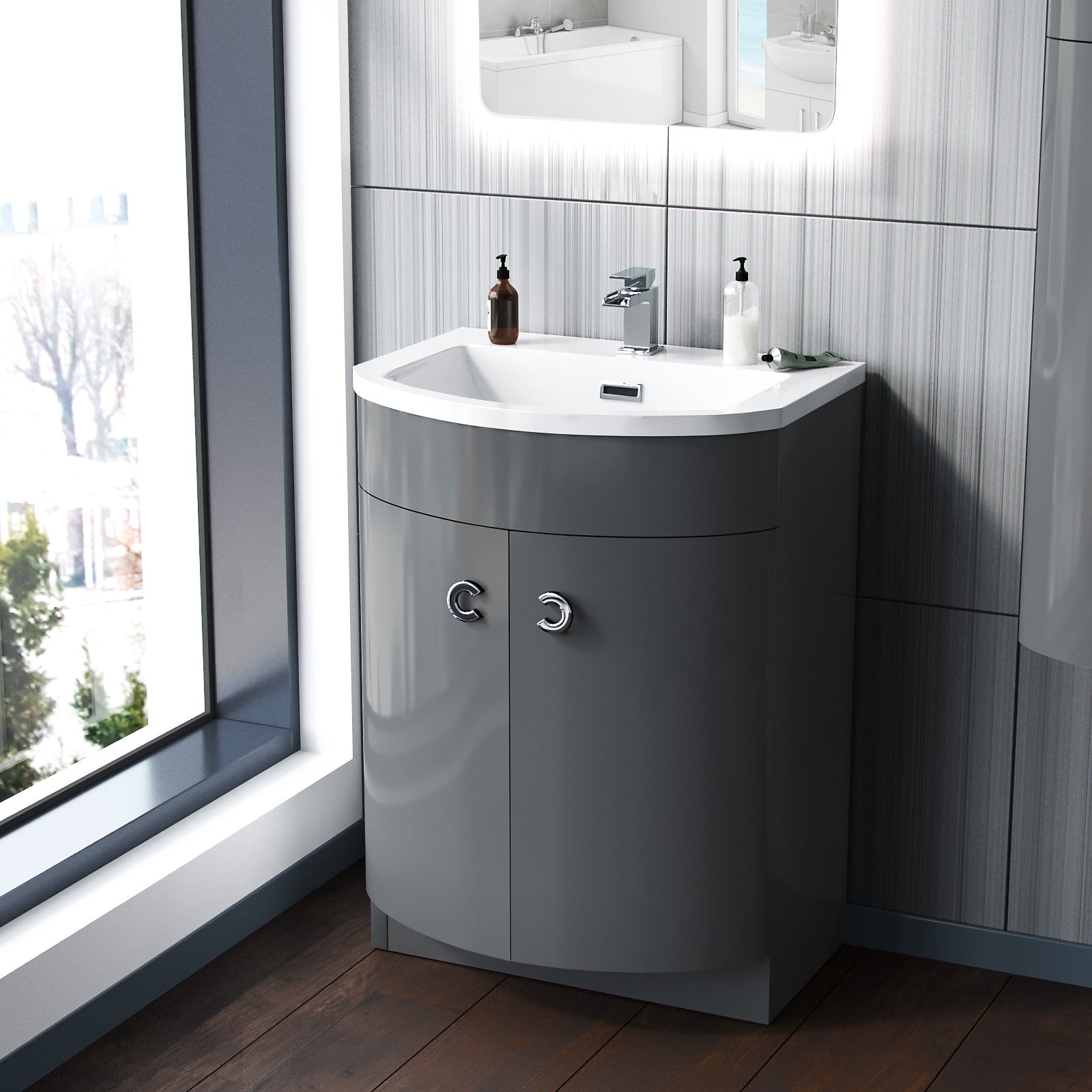 Bathroom corner vanity unit with sink and mirror in a modern bathroom setting.