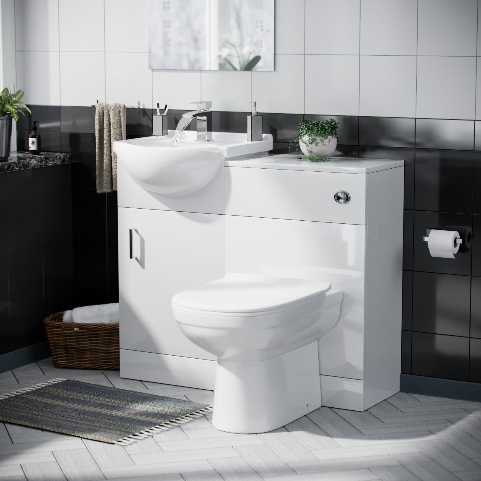 Ellen 950mm Vanity Basin Unit Flat Pack, WC Unit & Elso Back To Wall Toilet White