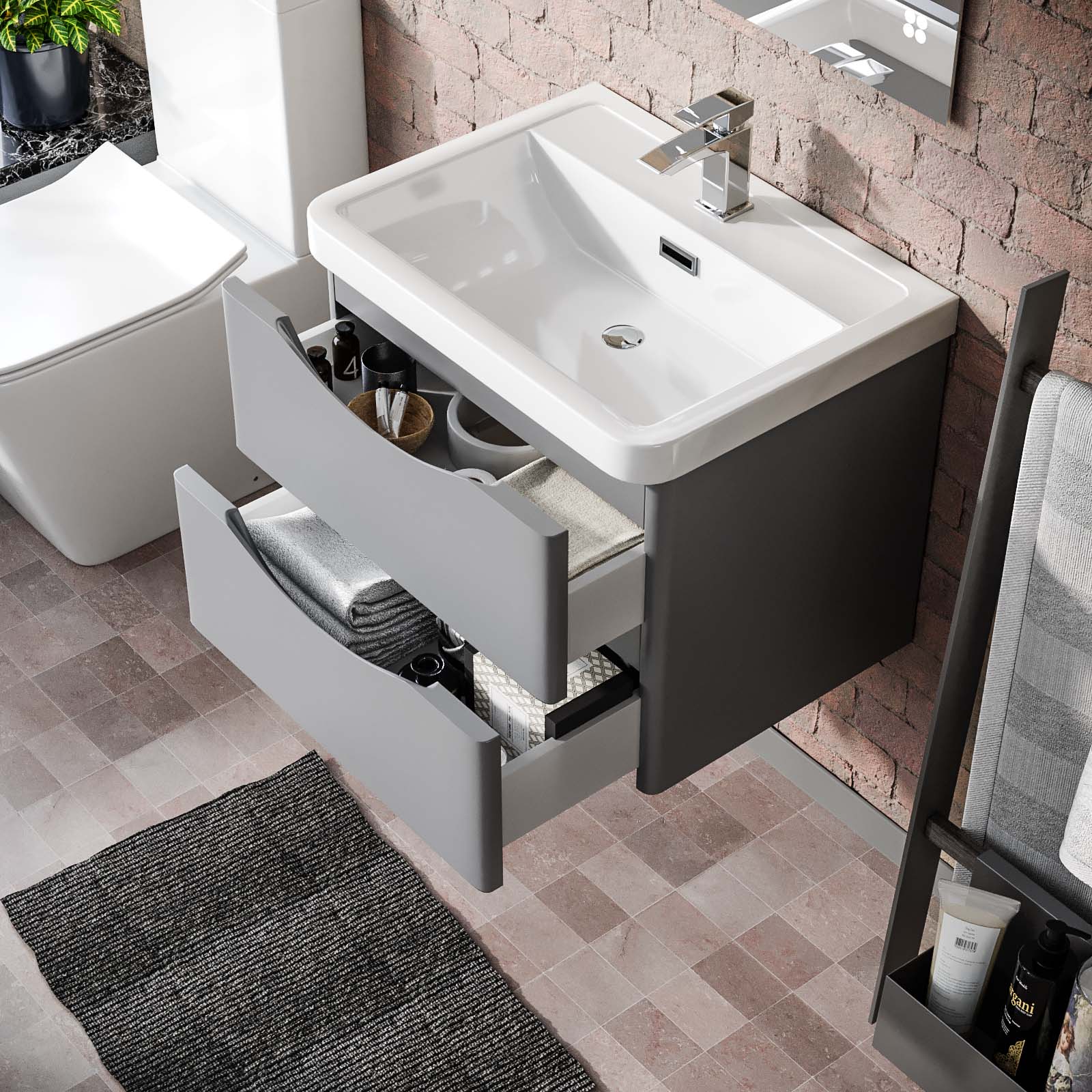 Merton 600mm Matte Grey Wall Hung Basin Vanity Cabinet Storage Furniture