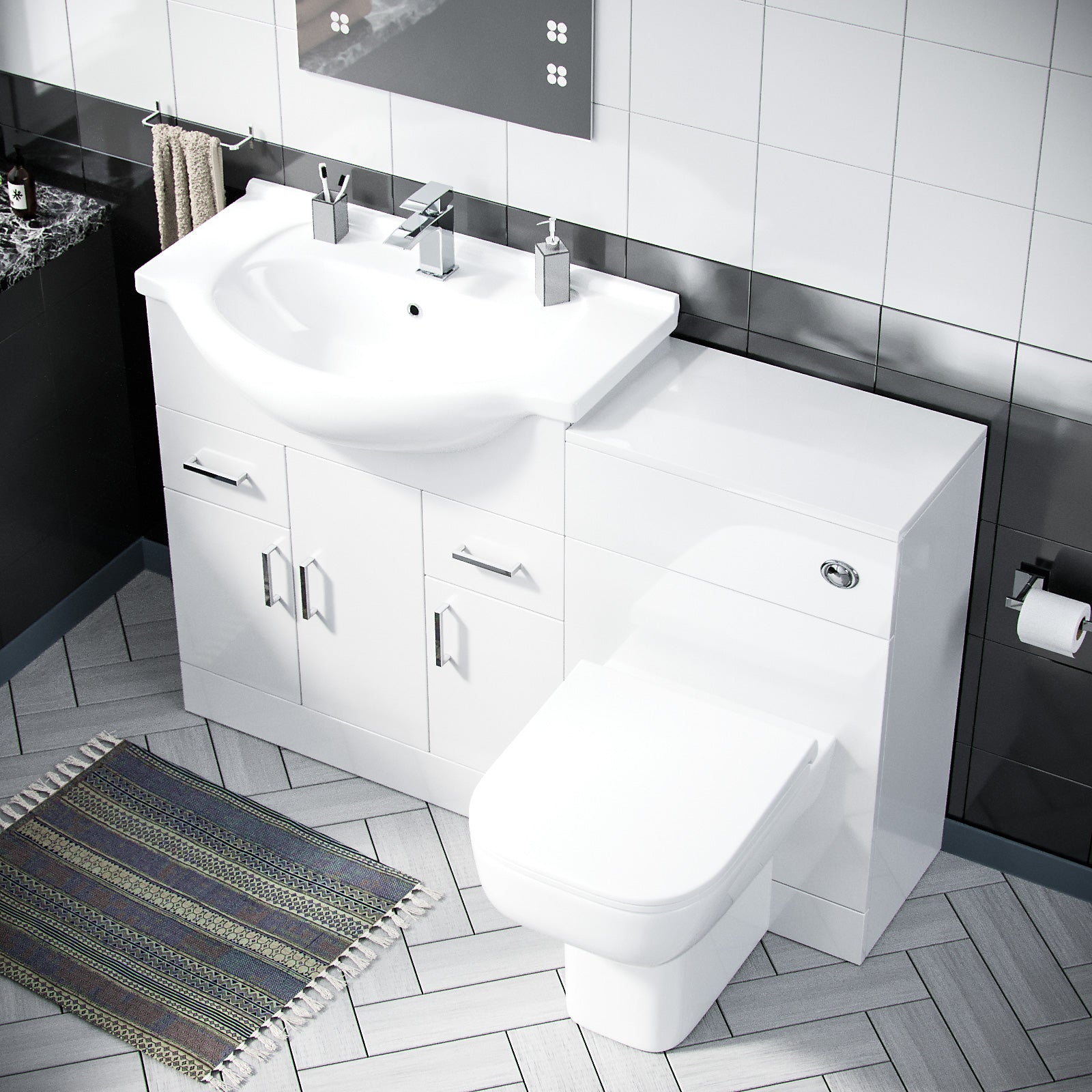 Dyon 750mm Gloss White Floorstanding Vanity, WC Unit & BTW Toilet Set - Flat Pack