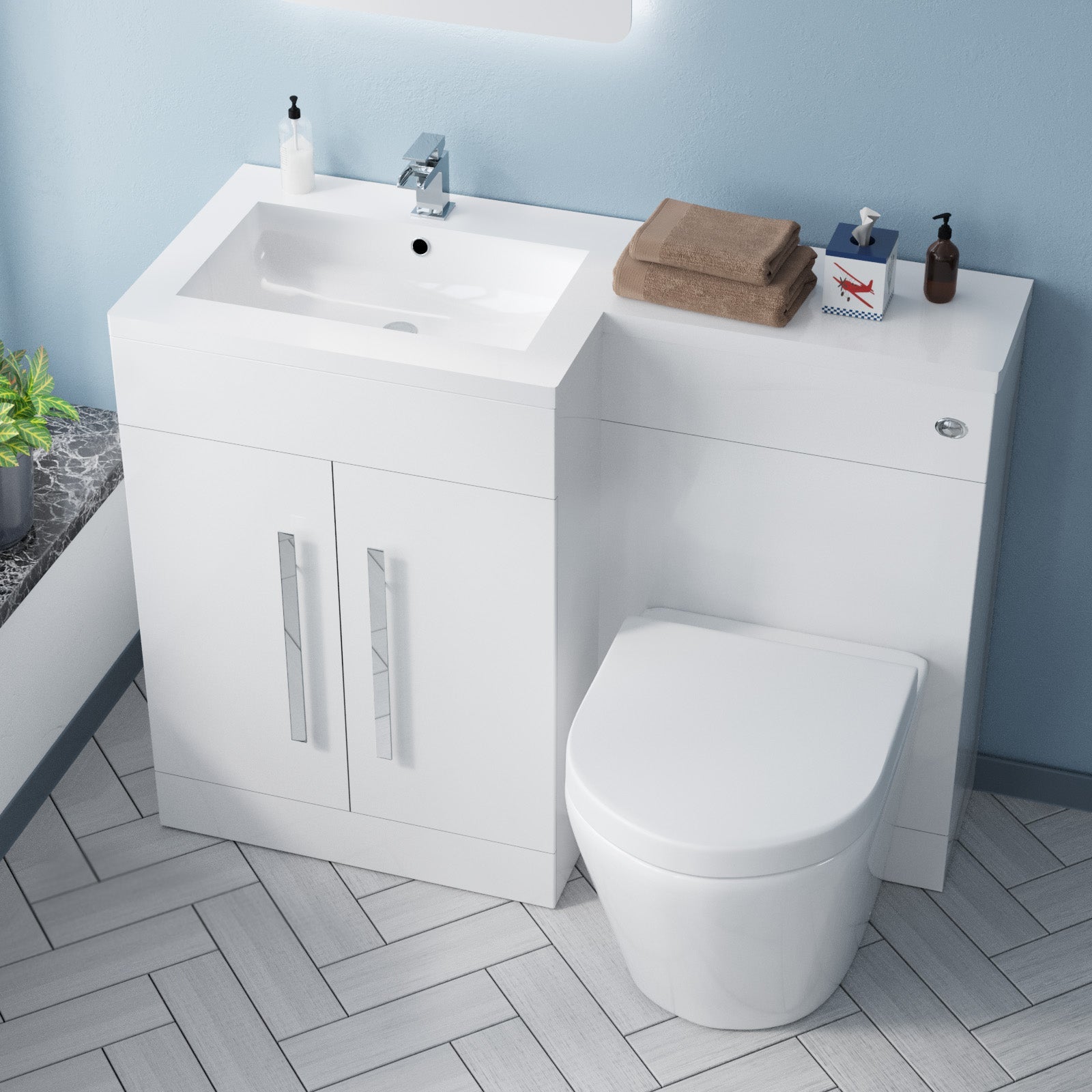 Aric 1100mm Vanity Basin Unit, WC Unit & Eddy Rimless Back To Wall Toilet White