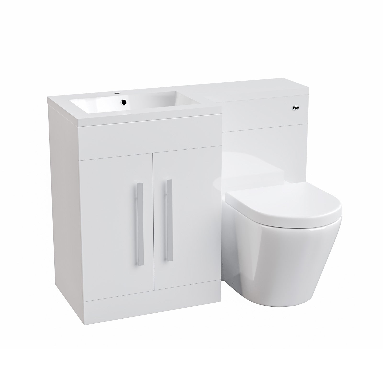 Aric 1100mm LH Vanity Basin Unit, WC Unit & Eddy Rimless Back To Wall Toilet White Flat Pack