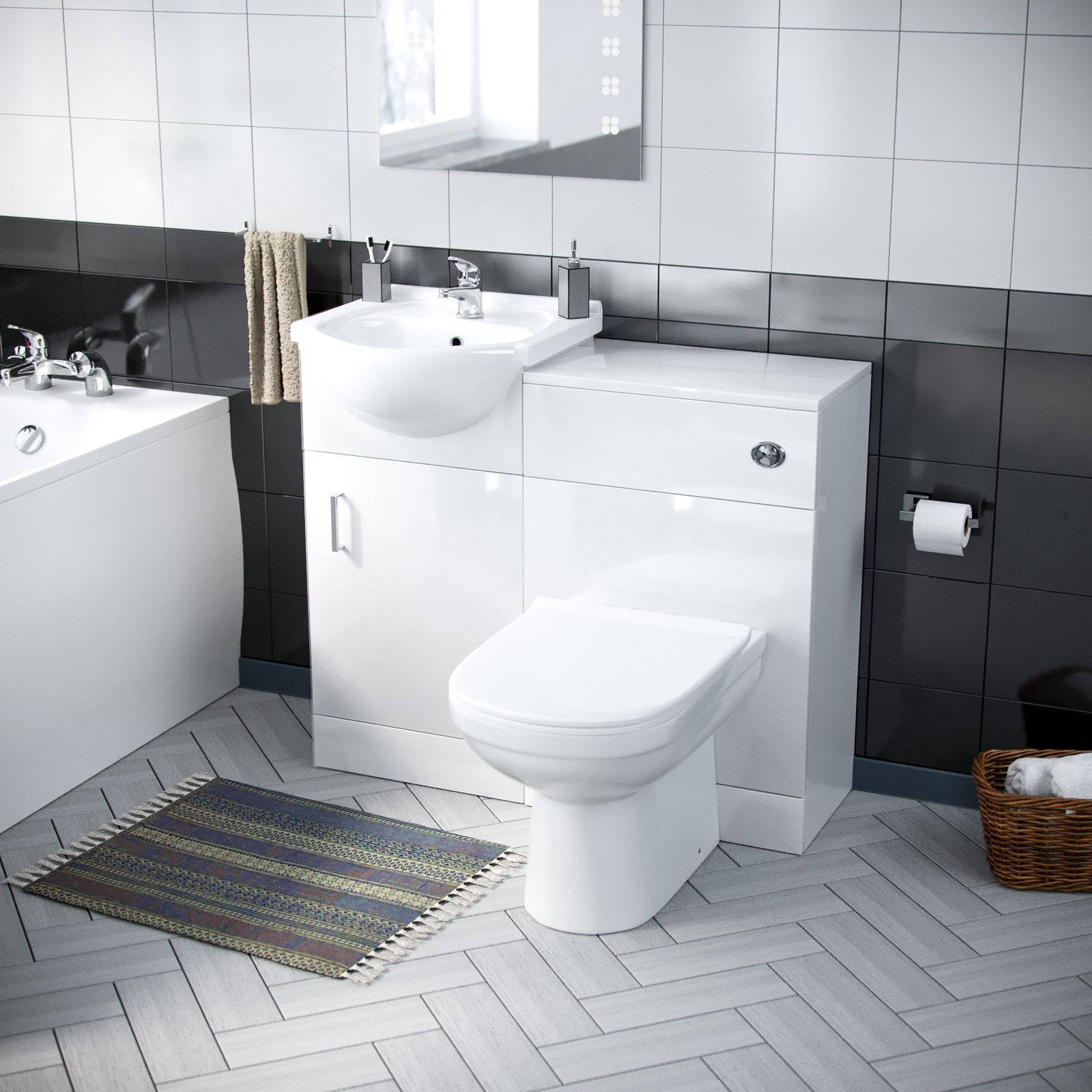 Ellen 1700mm Bath, 450mm Vanity Basin Unit Flat-Pack, WC Unit & Elso Back To Wall Toilet White