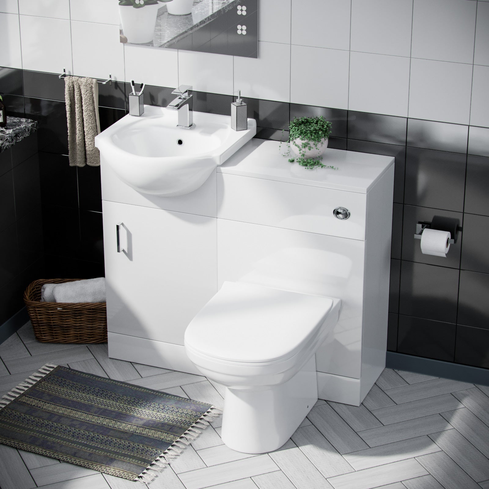 Ellen 950mm Vanity Basin Unit Flat Pack, WC Unit & Elso Back To Wall Toilet White