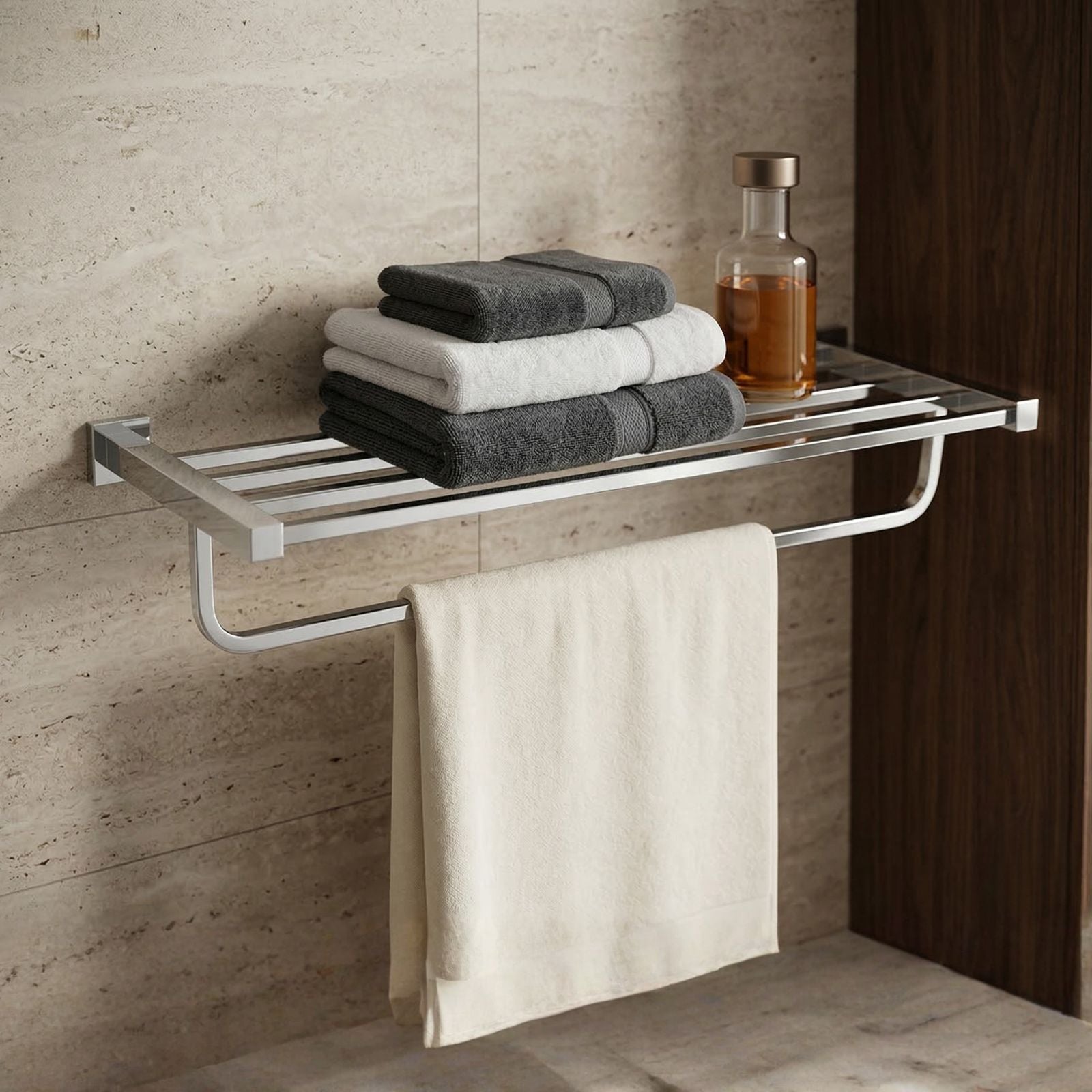 585mm Premium Chrome Square Wall Mounted Towel Shelf
