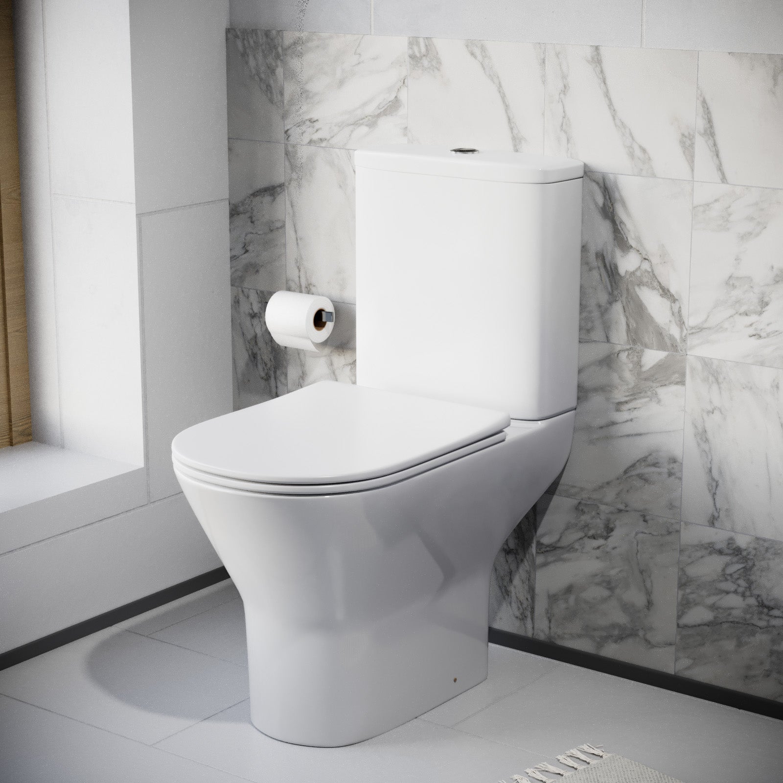 Modern Close Coupled Rimless Round Toilet Ceramic Soft Closing Seat White Oakham