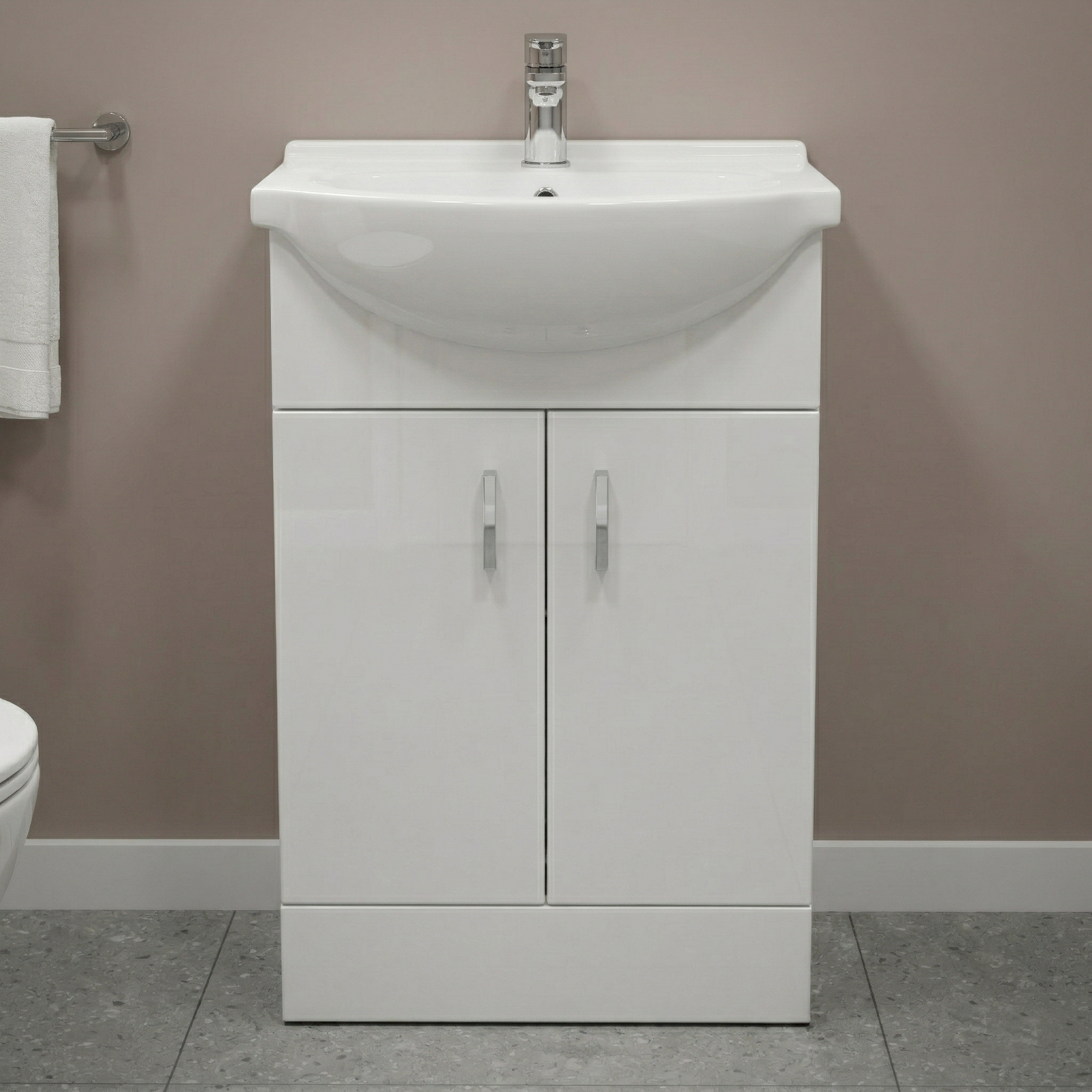 Ellen 550mm Gloss White Floorstanding Vanity Basin Unit Flat Pack & Rimless Close Coupled Toilet