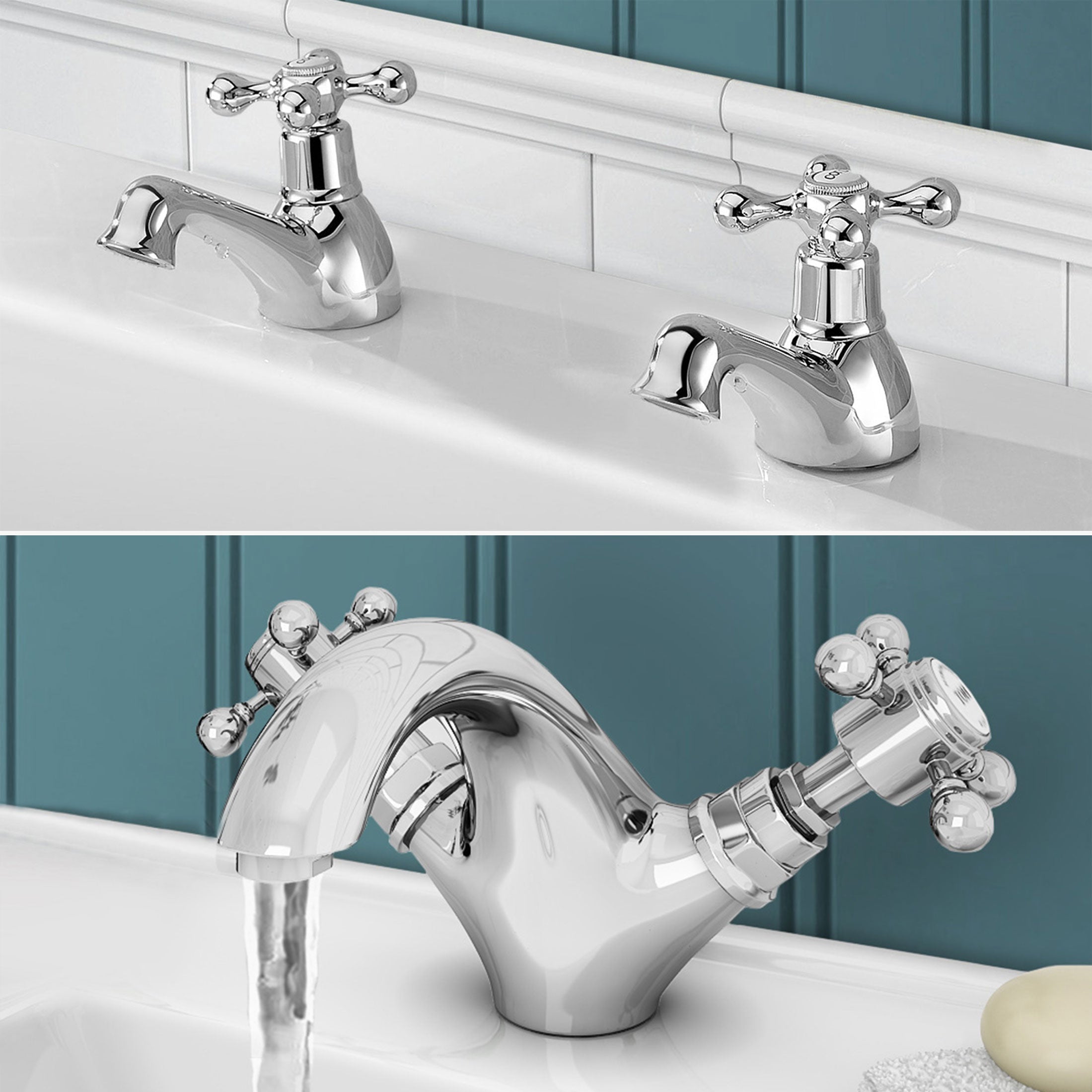 Stafford Victorian Traditional Cross Head Chrome Twin Bath Filler Taps & Basin Sink Mono Mixer Tap