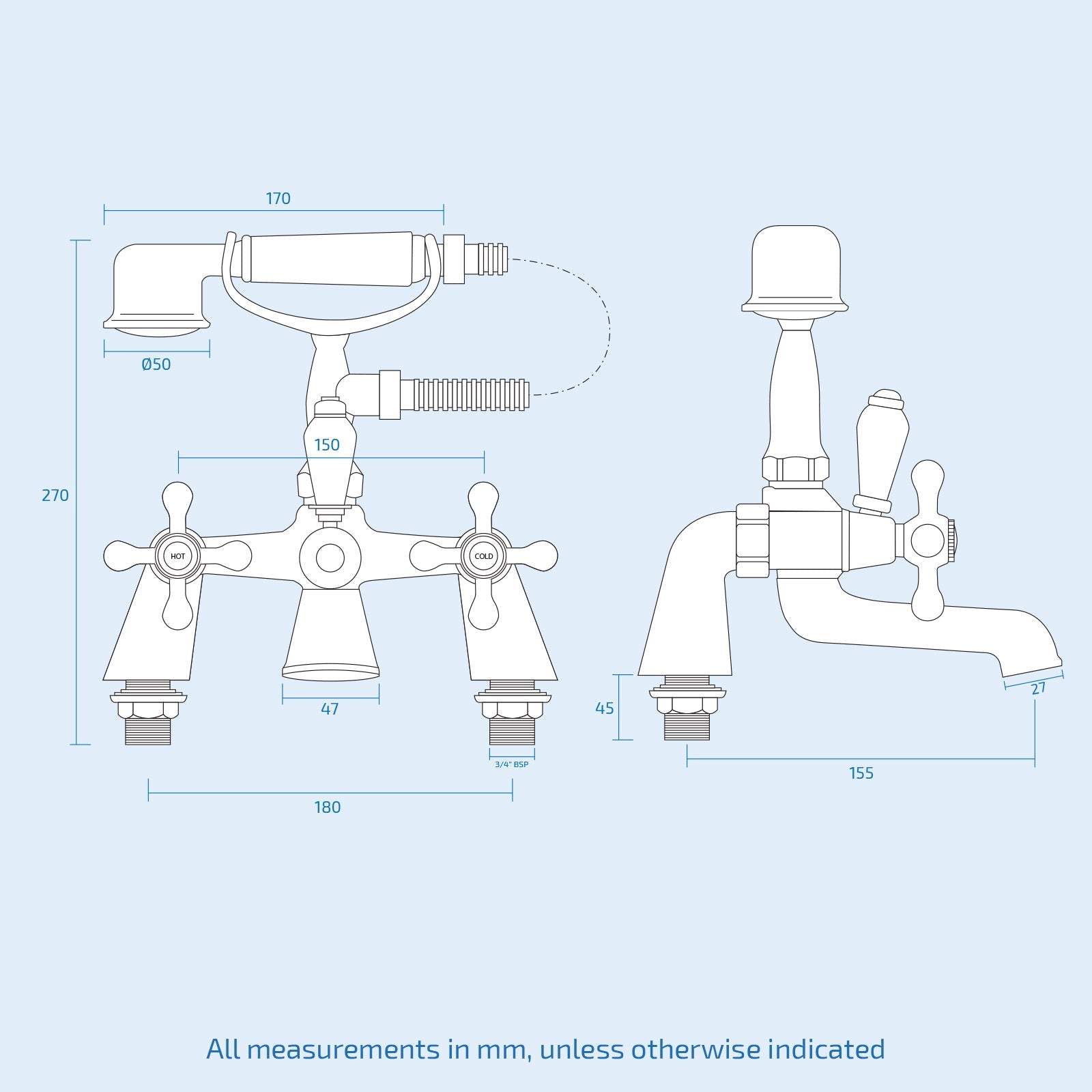 Stafford Victorian Set Of Hot & Cold Basin Taps And Bath Shower Mixer Tap With Handheld Kit