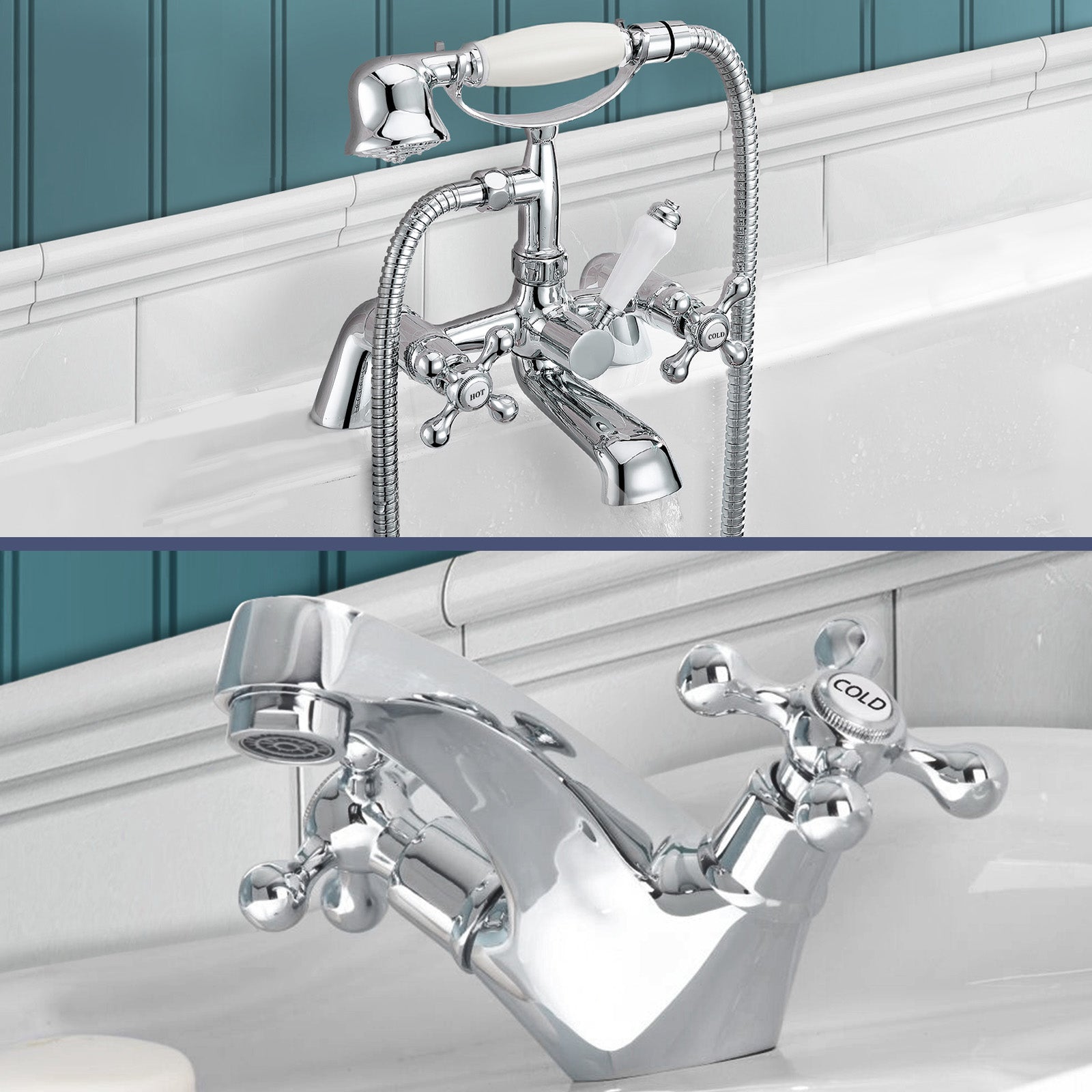 Stafford Victorian Cross Head Bath Shower Mixer Tap With Handheld Kit & Basin Mono Mixer Tap