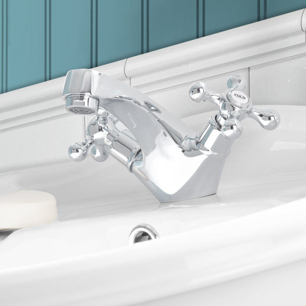 Stafford Victorian Traditional Cross Head Chrome Twin Bath Filler Taps & Basin Sink Mono Mixer Tap