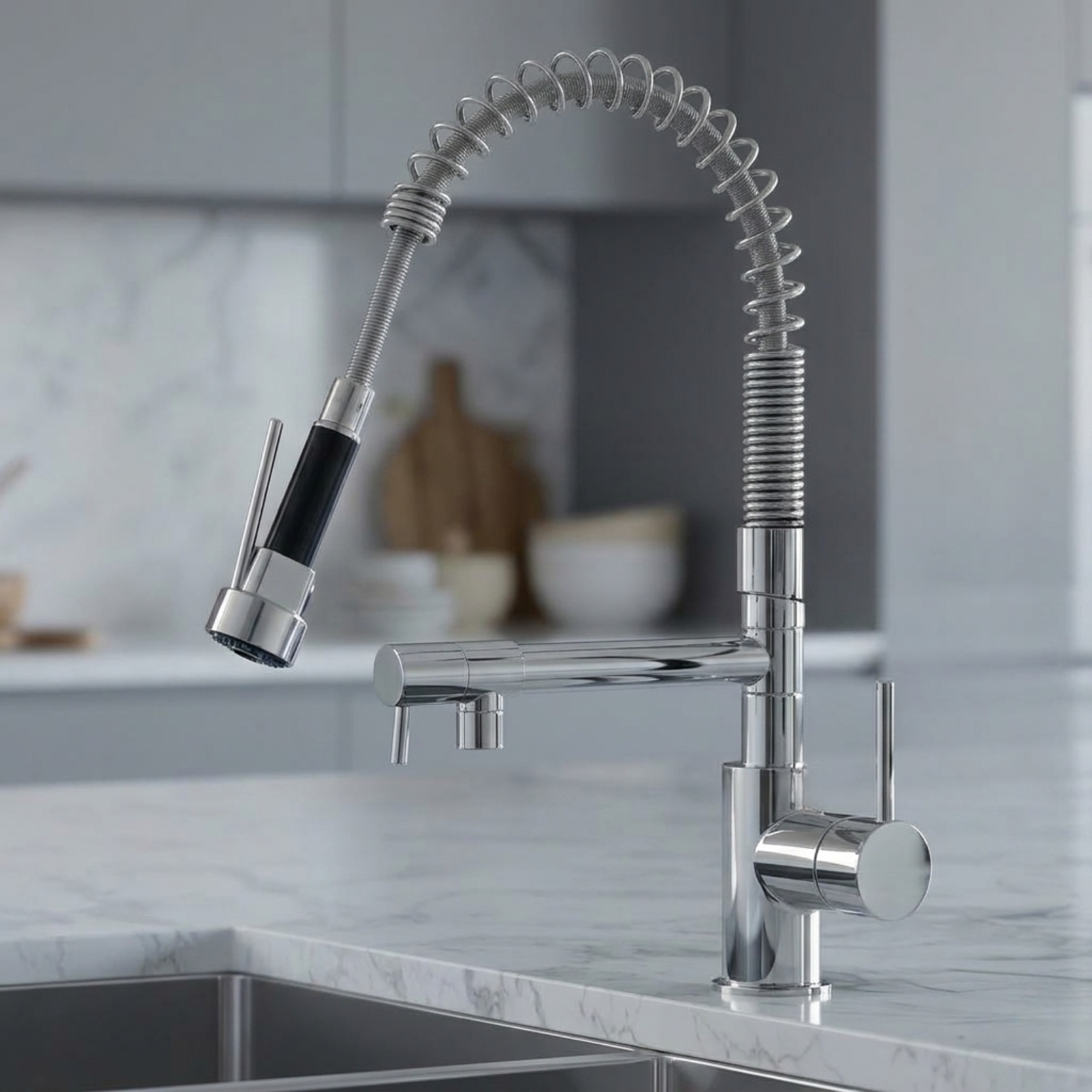 Kartell KST002 Dual Spout Chrome Deck Mounted Kitchen Mixer Tap with Pull Out
