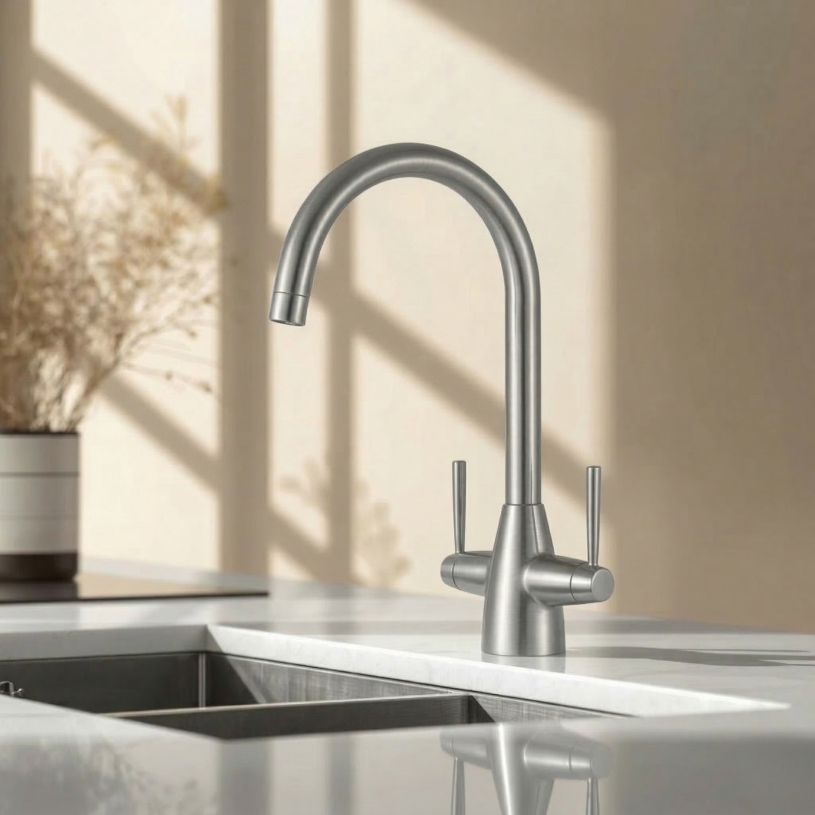 Kartell KST008 Matt Brushed Steel Twin Lever Deck Mounted Kitchen Sink Mono Mixer Tap