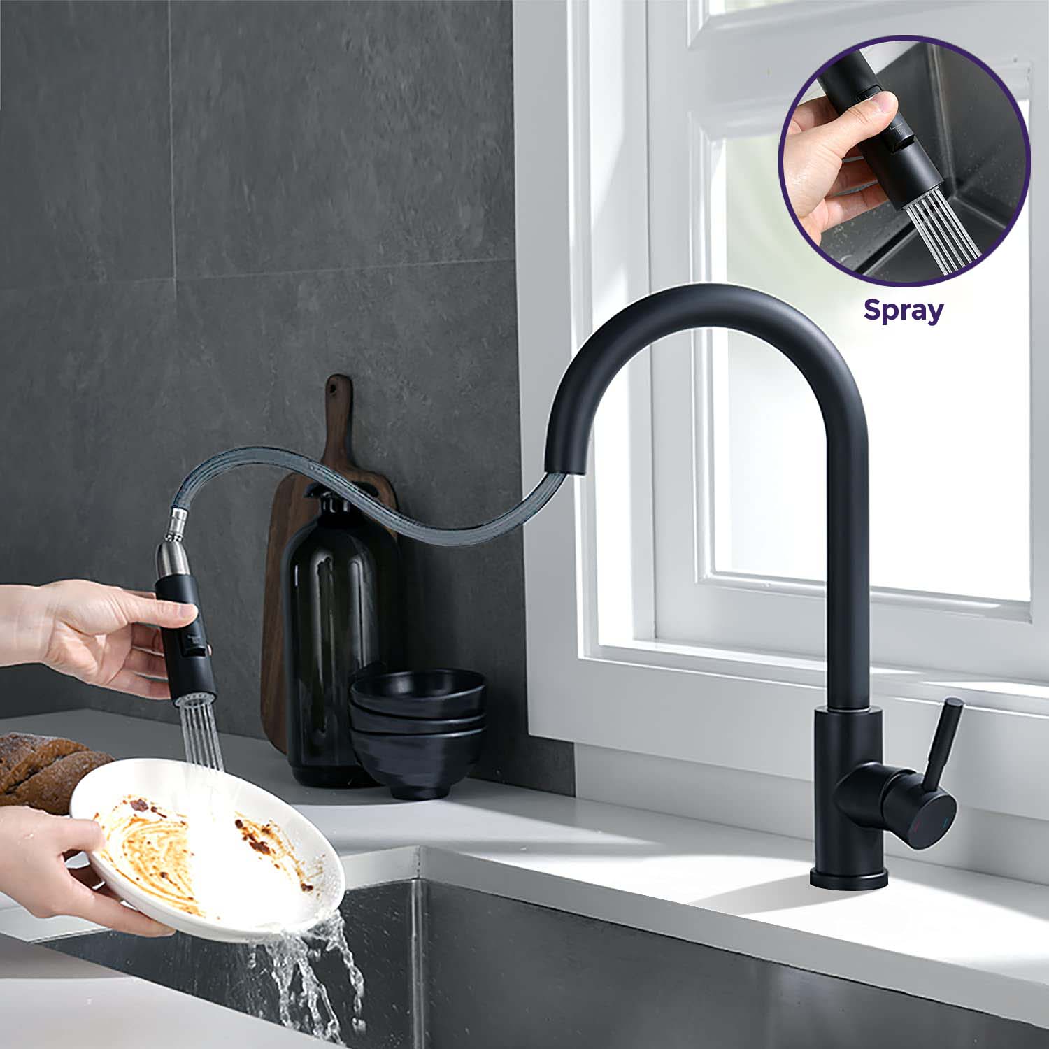 Victoria Matte Black Pull Out Kitchen Sink Single Lever Mixer Tap With 360 Swivel