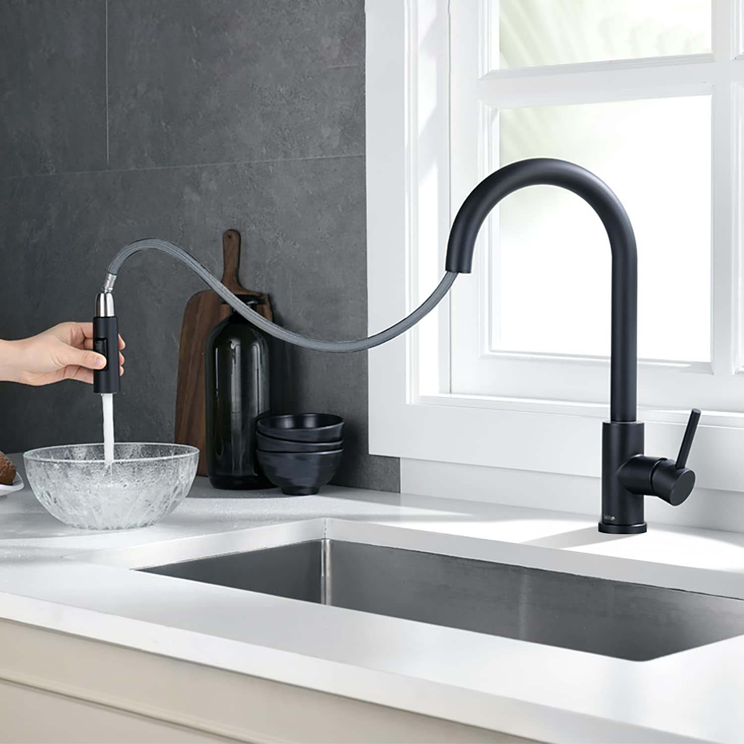 Victoria Matte Black Pull Out Kitchen Sink Single Lever Mixer Tap With 360 Swivel