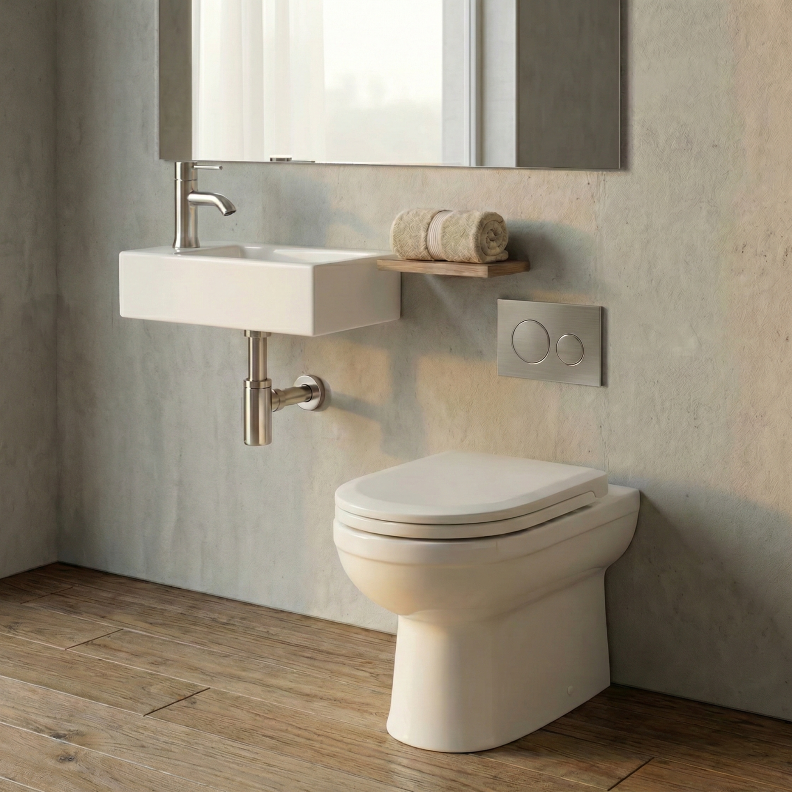 Melbourne White Ceramic Round Back To Wall Pan Toilet & Soft Close Toilet Seat + Wall Hung Cloakroom Basin Left Hand