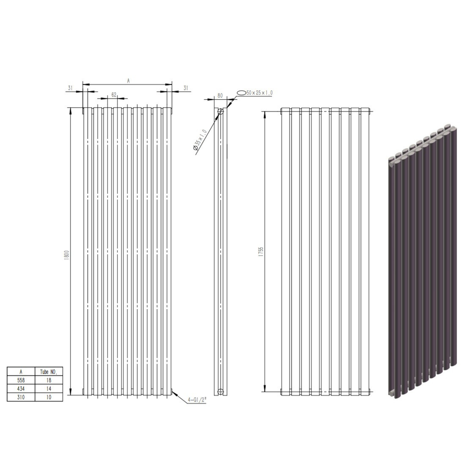 Technical drawing and 3D model of a vertical radiator with dimensions and color options.