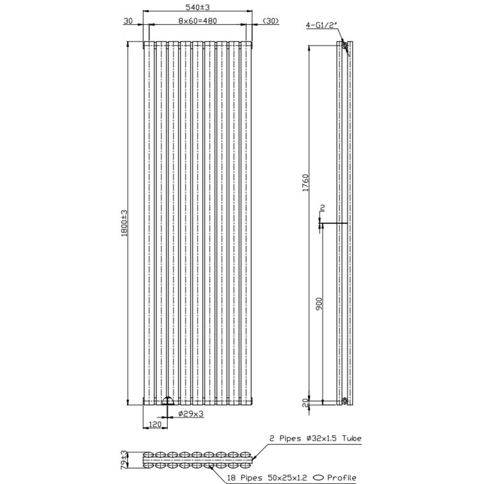 Technical drawing of a radiator with dimensions outlined in a white background.