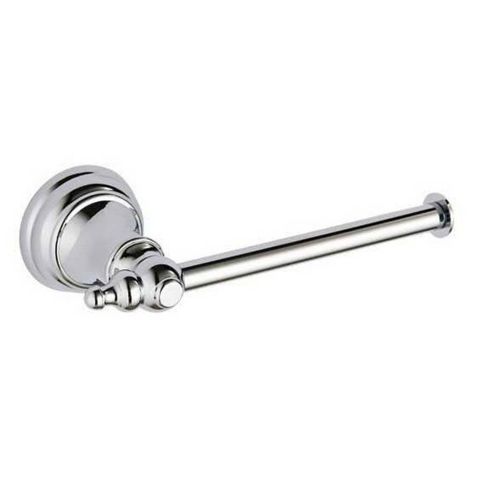 Chrome toilet paper holder on a white background