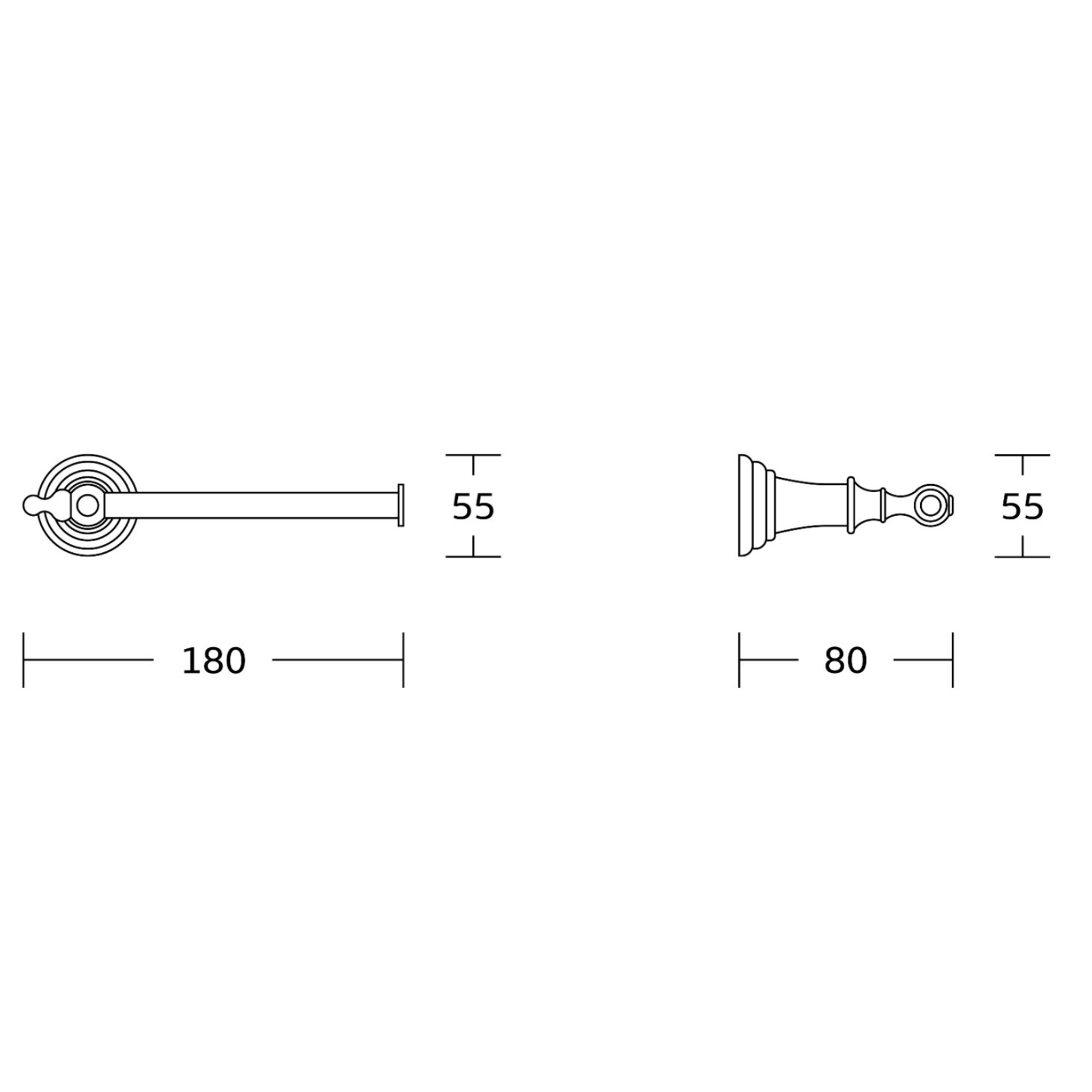 Technical drawing of a door handle with dimensions labeled