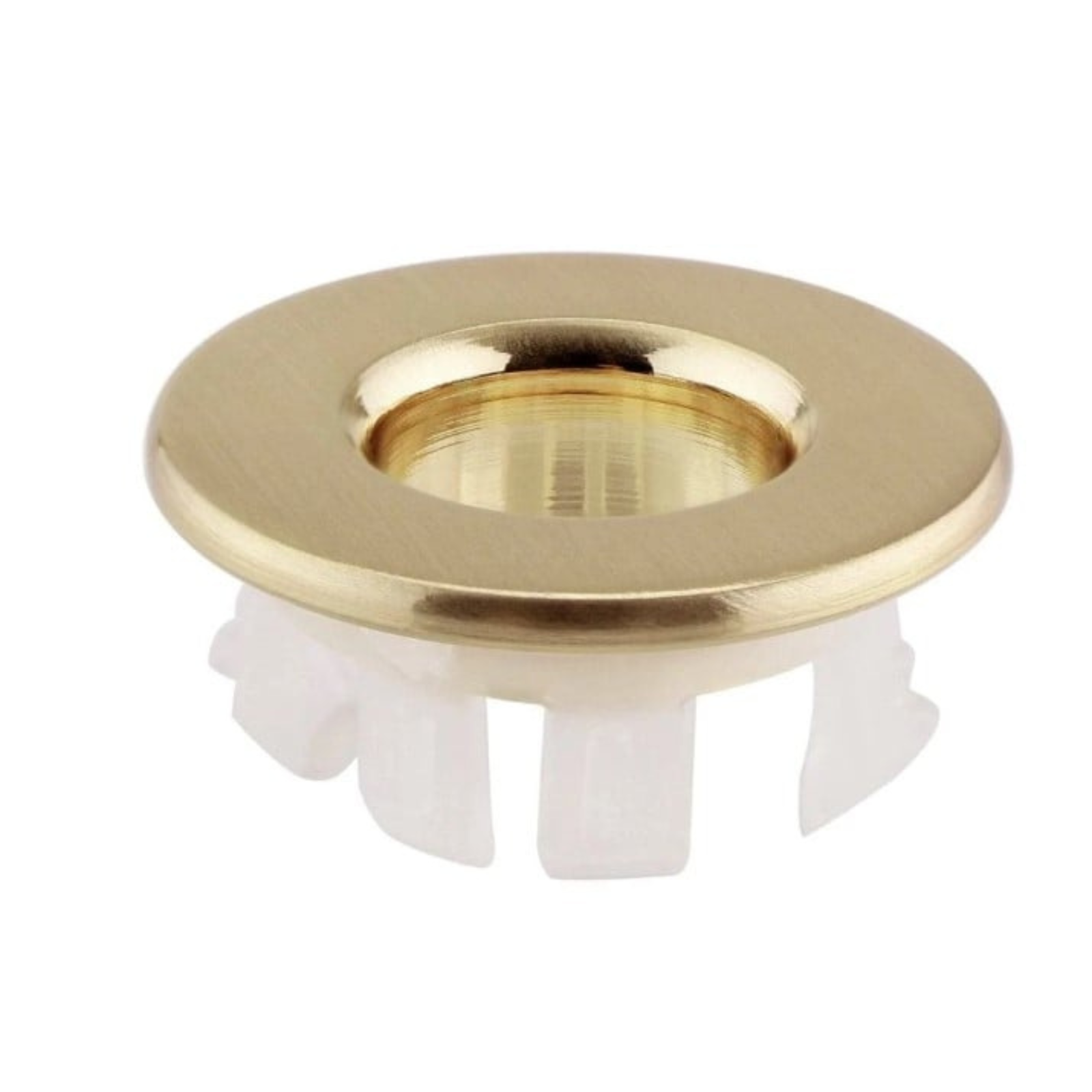 Gold sink drain cover with white plastic components on a white background