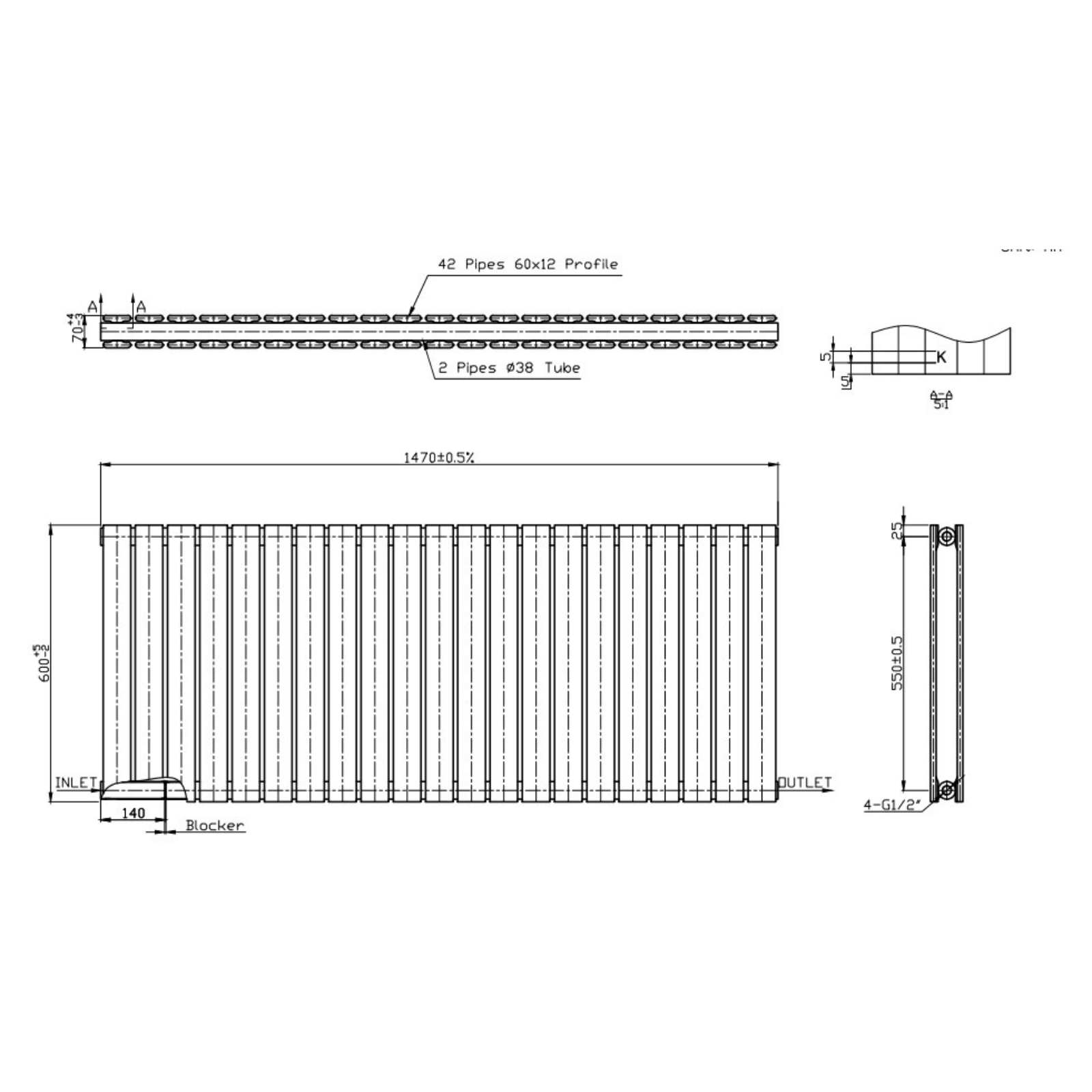 Technical drawing of a radiator with dimensions and specifications