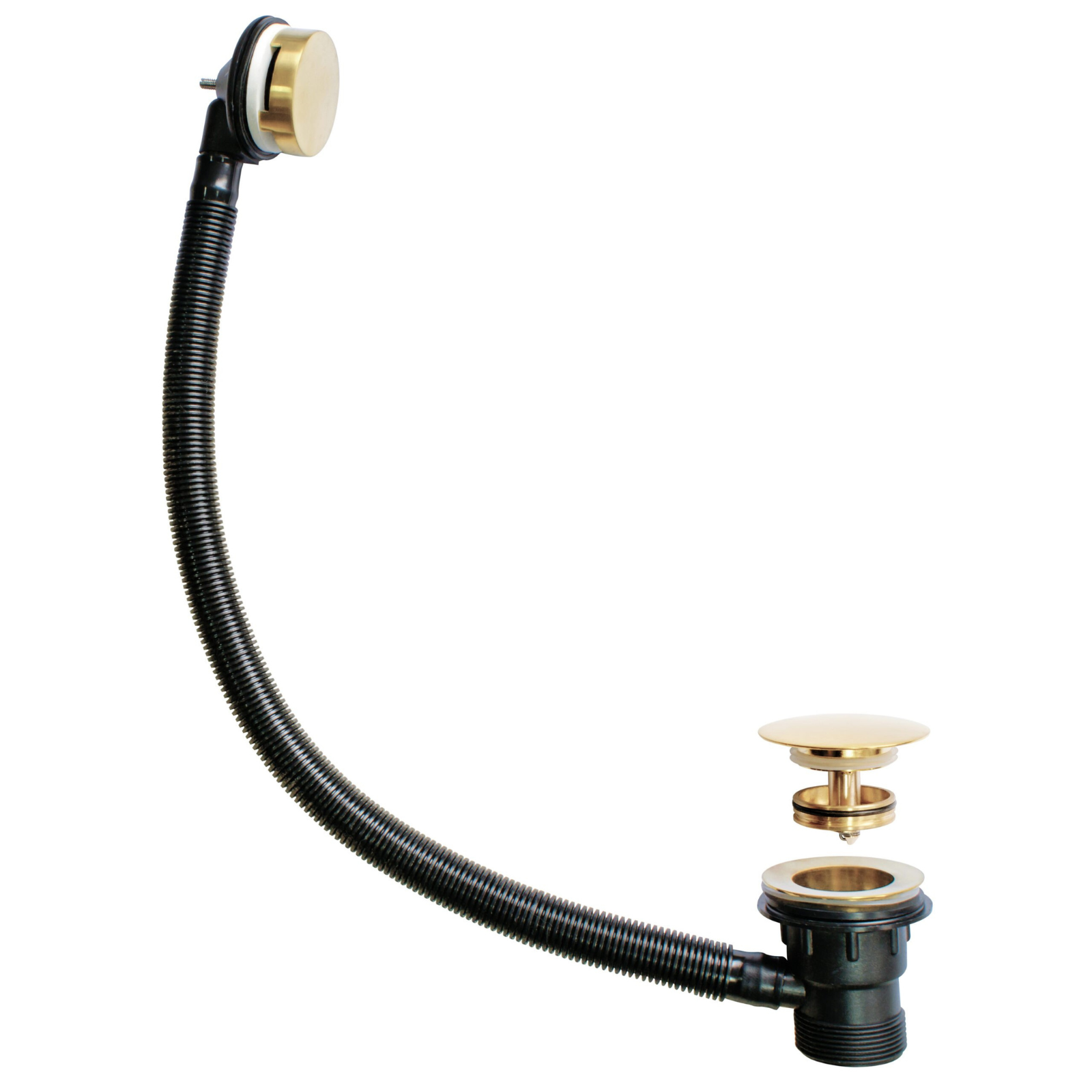 Bathroom faucet with flexible hose and gold fixtures on a white background