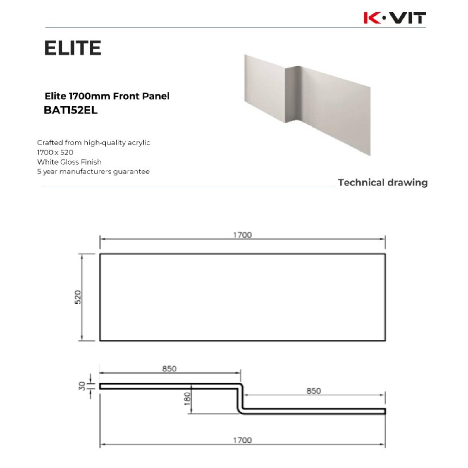 Technical drawing/blueprint of K-Vit Elite front panel with dimensions and specifications.