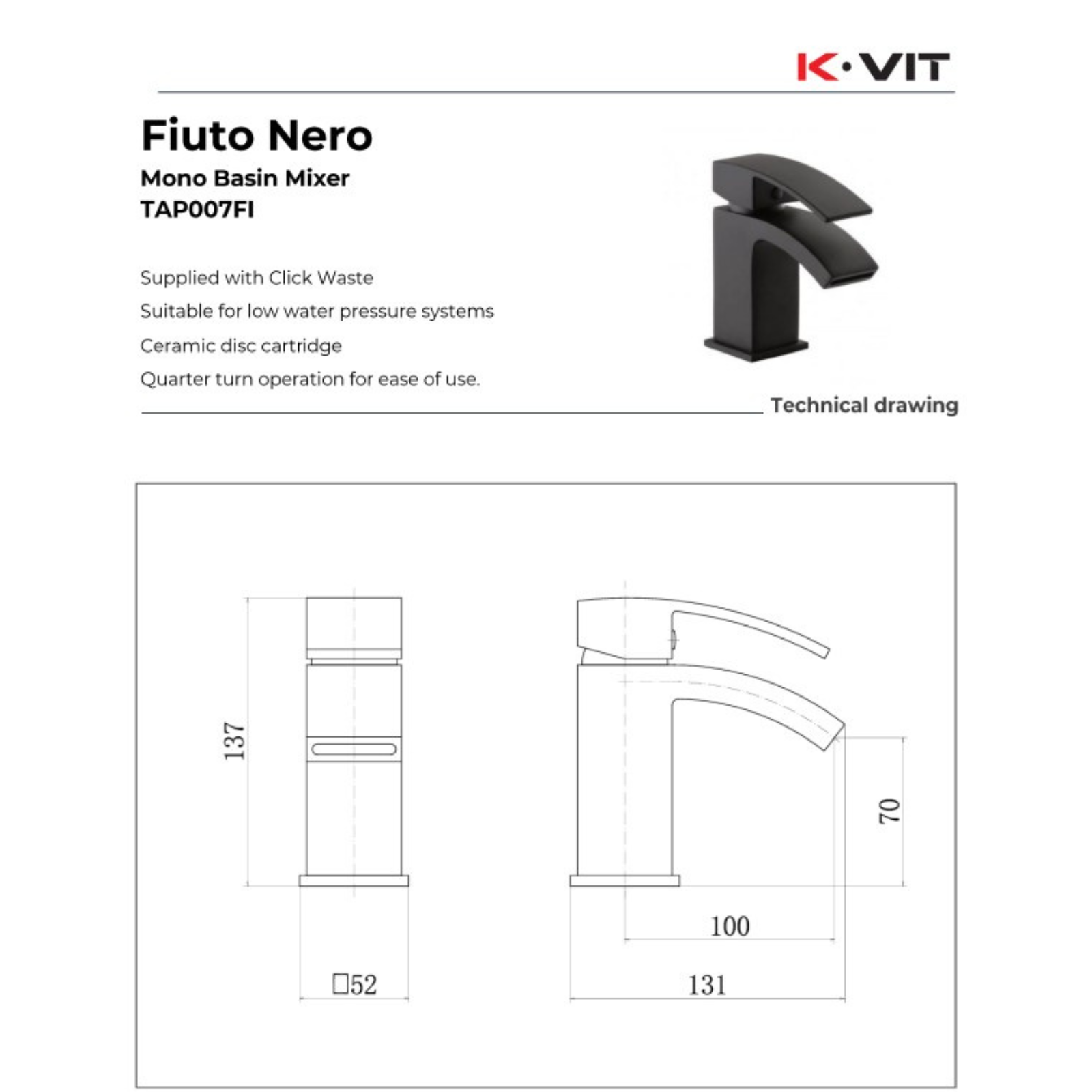 K-Vit Fiuto Nero Mono Basin Mixer technical drawing and product details on a white background