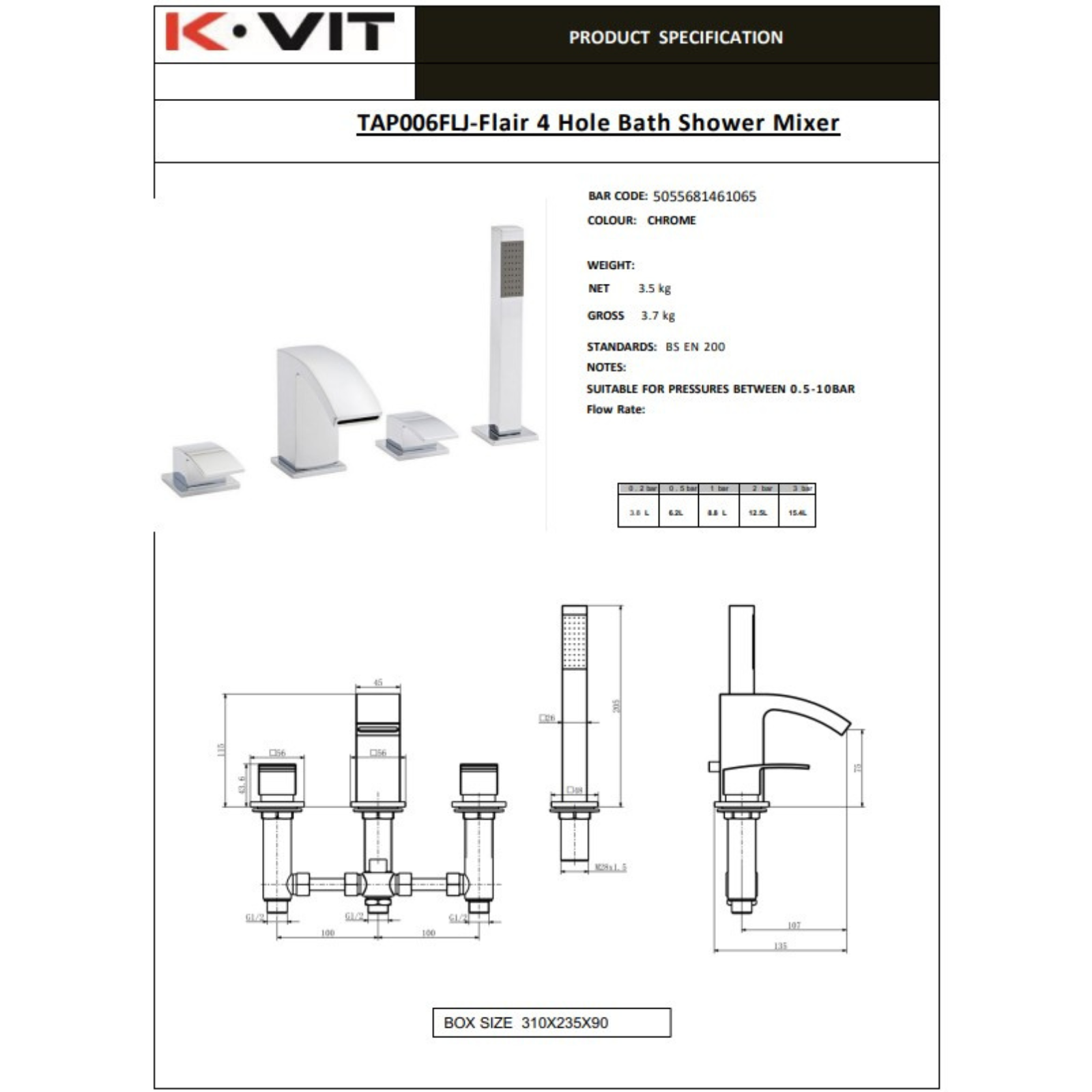 Kovit product specification sheet for a 4-hole bath shower mixer