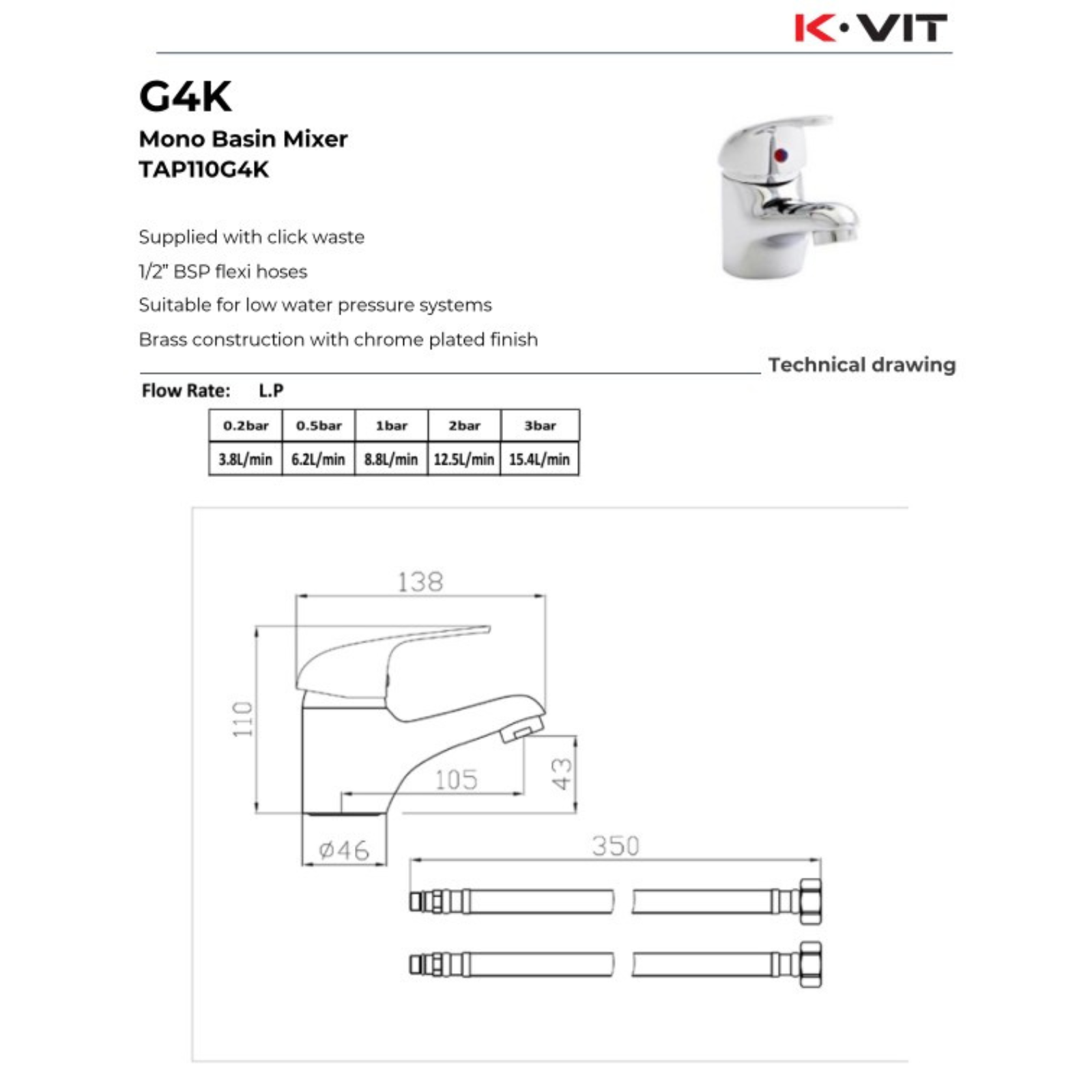 Technical specifications and dimensions of a K-Vit G4K mono basin mixer on a white background.