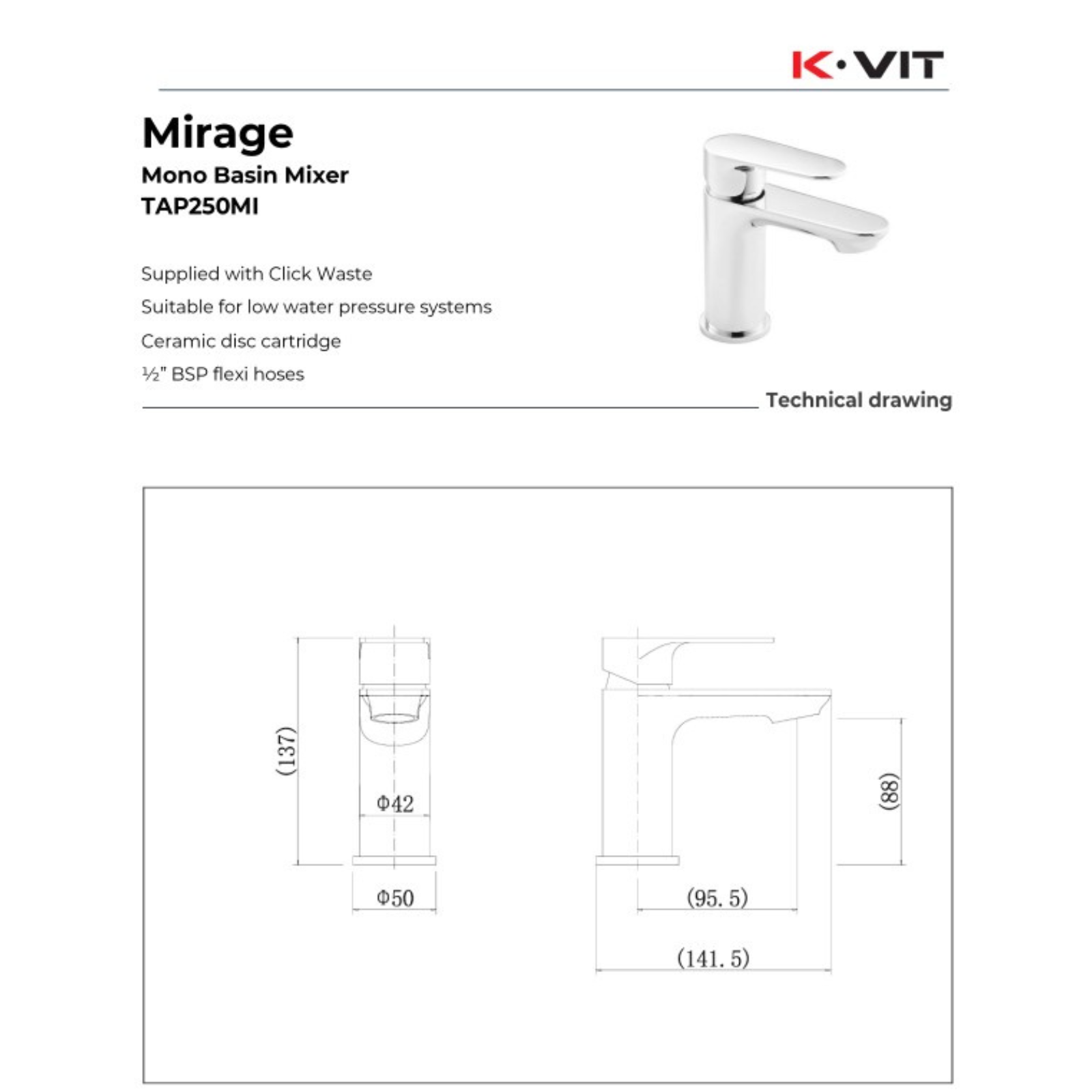 K-Vit Mirage Mono Basin Mixer technical drawing with dimensions on a white background