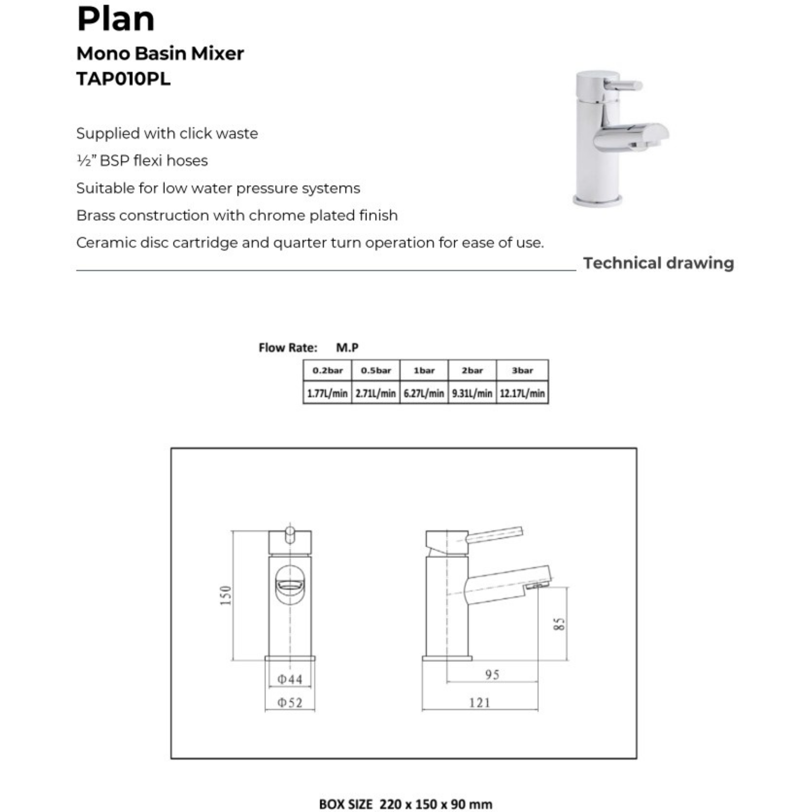 Technical drawing/blueprint and specifications of a Mono Basin Mixer/Tap/Faucet on a white background