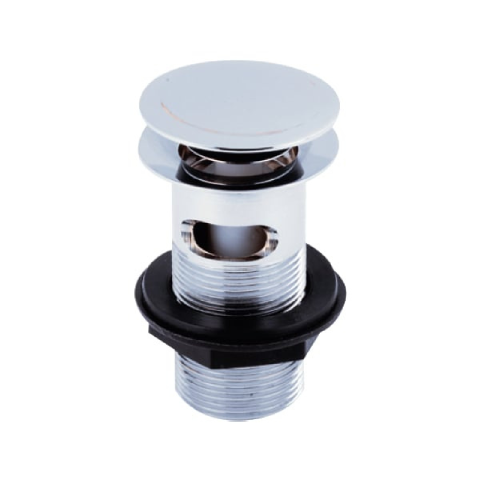 Chrome and black plumbing drain plug on a white background