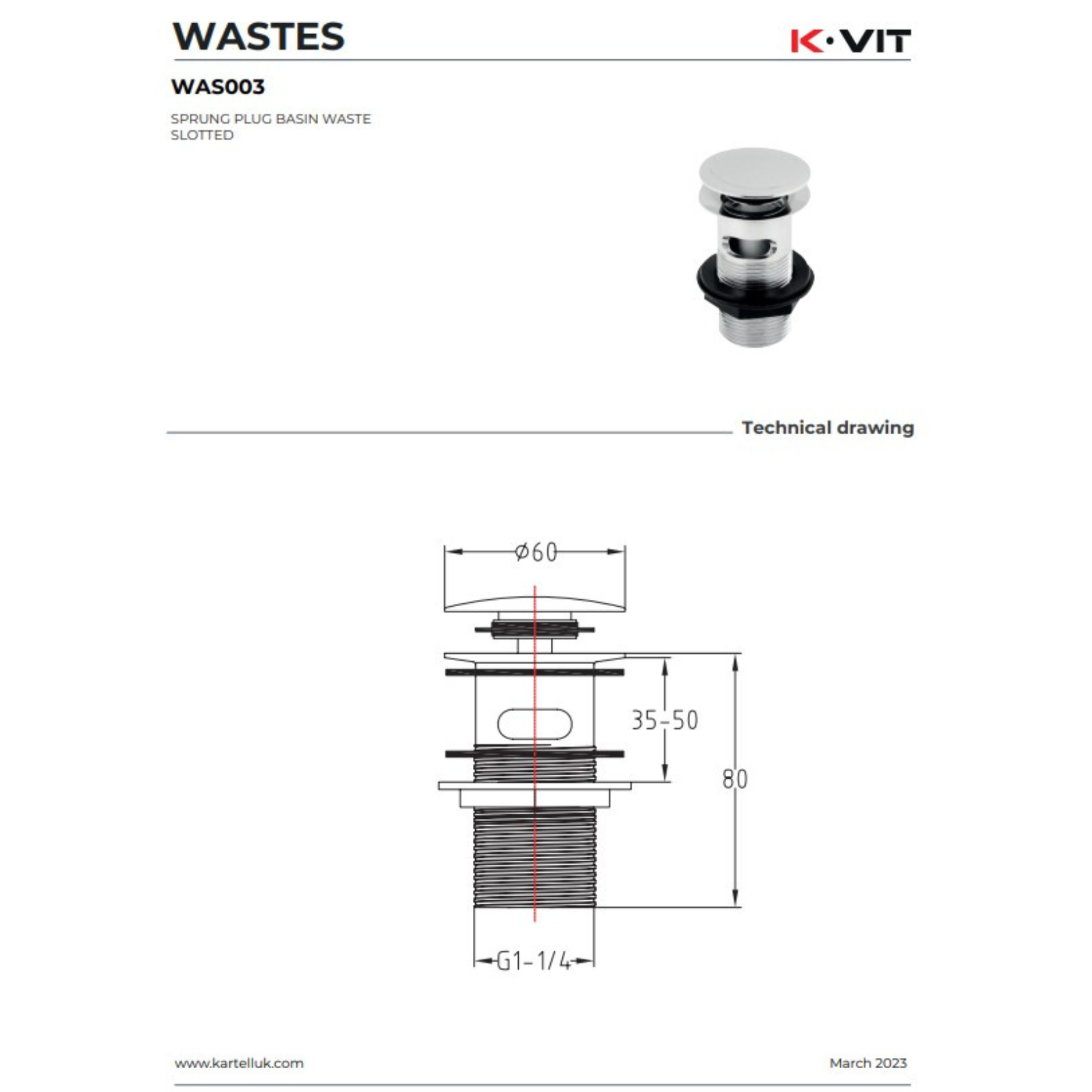 Technical drawing of a K-Vit basin waste with dimensions and specifications.