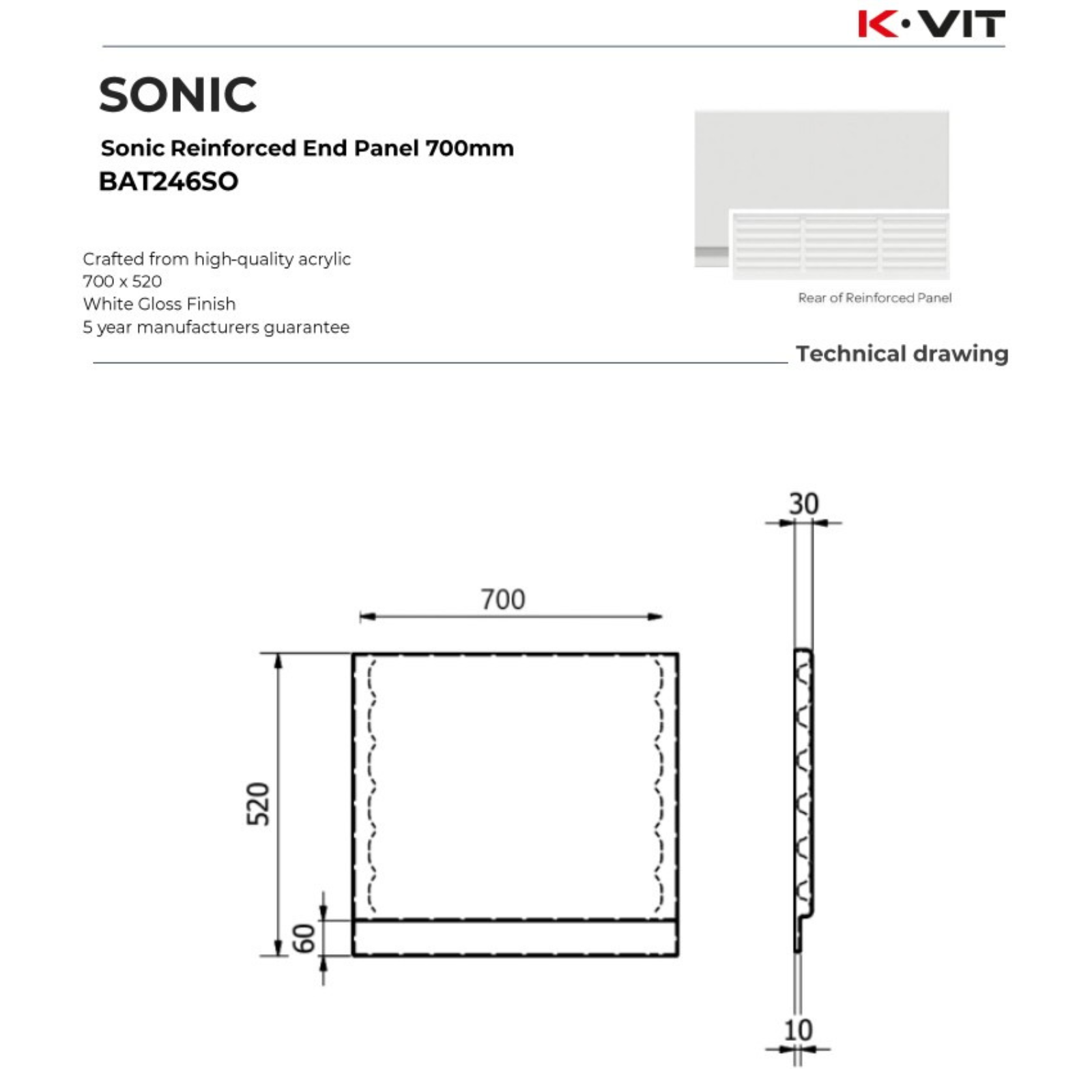 Technical drawing/blueprint of a Sonic Reinforced End Panel with dimensions and K-Vit branding.